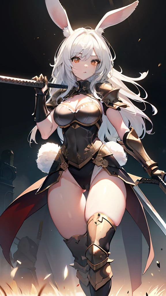 (highres, best quality) Adult female, (detailed, highly detailed), soft lighting, (color_contrast), Long white hair, brown eyes, rabbit ears, rabbit tail, fitted armor, full body armor, medium breasts, brandishing a sword, on a battlefield, looking fierce, looking determined, detailed eyes, cute, toned body, sexy body, thick thighs, muscular arms