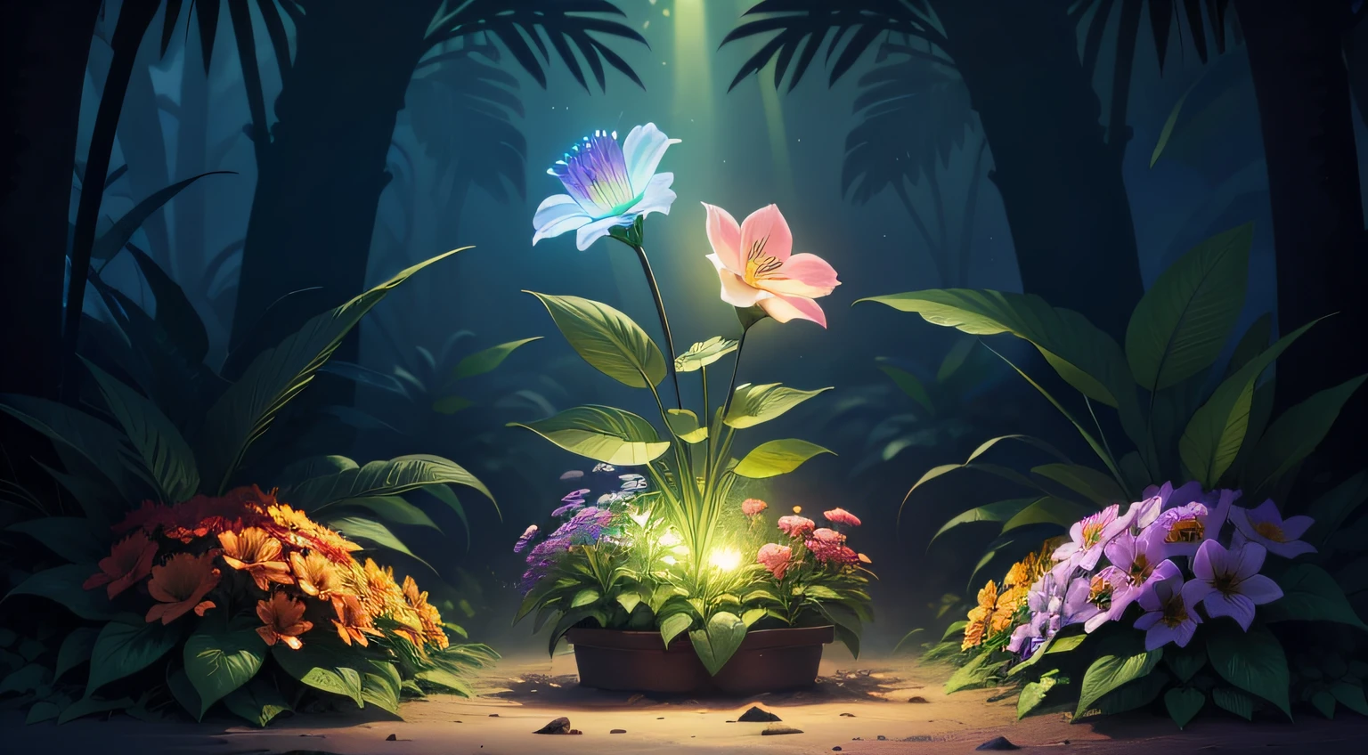 High-quality graphics,HD,fantasy jungle,colored flowers,Large flowers,with light glowing,glowworm,