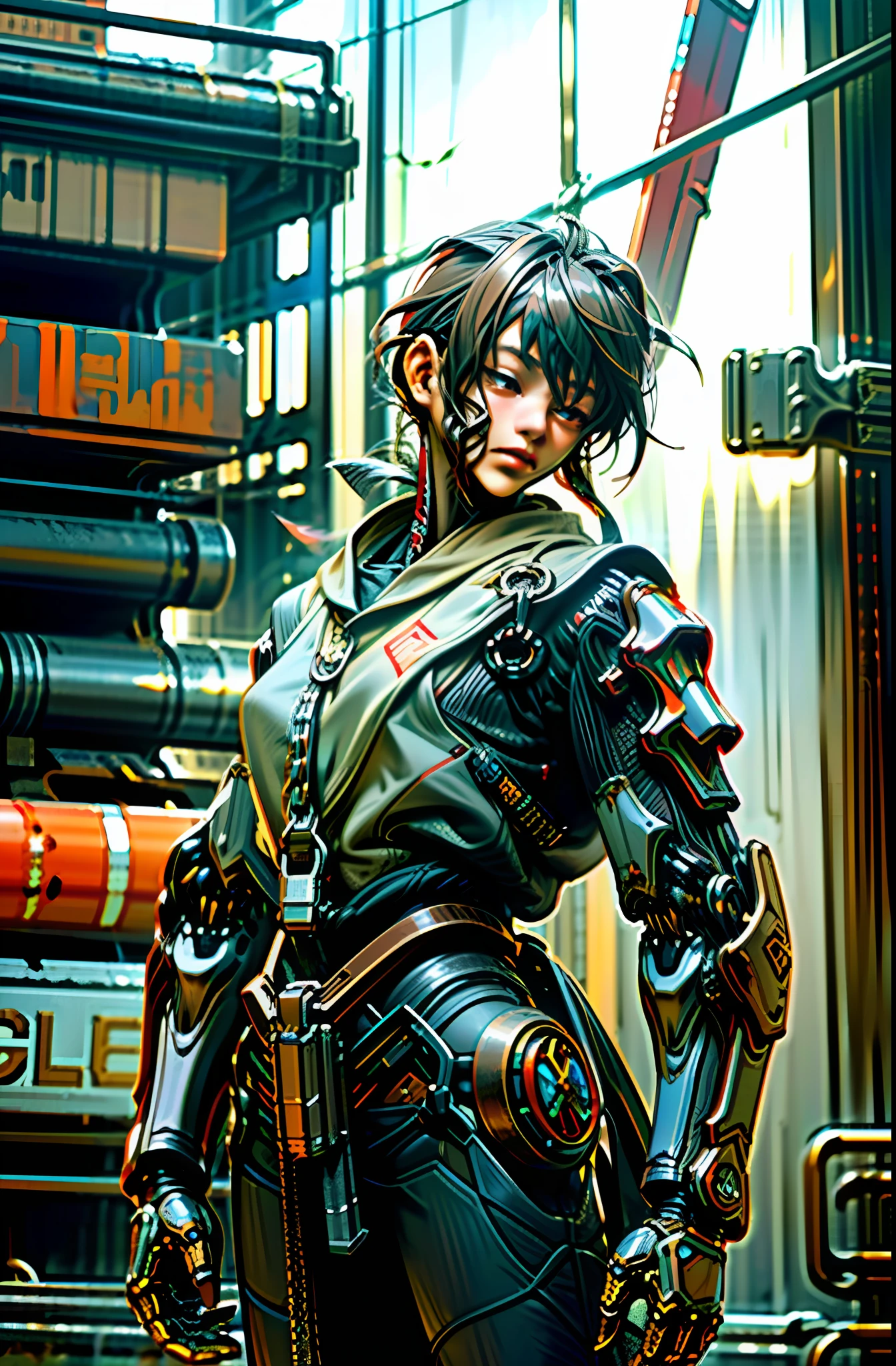 Dark_Fantasy,Cyberpunk,(chain saw,chain saw man,Red:1.1),1man,Mechanical marvel,Robotic presence,Cybernetic guardian, wearing a worn-out mech suit, intricate, (steel metal [rusty]), elegant, clear focus, shot by greg rutkowski, soft lighting, vibrant colors, masterpiece, ((street)), cowboy shot, dynamic pose,