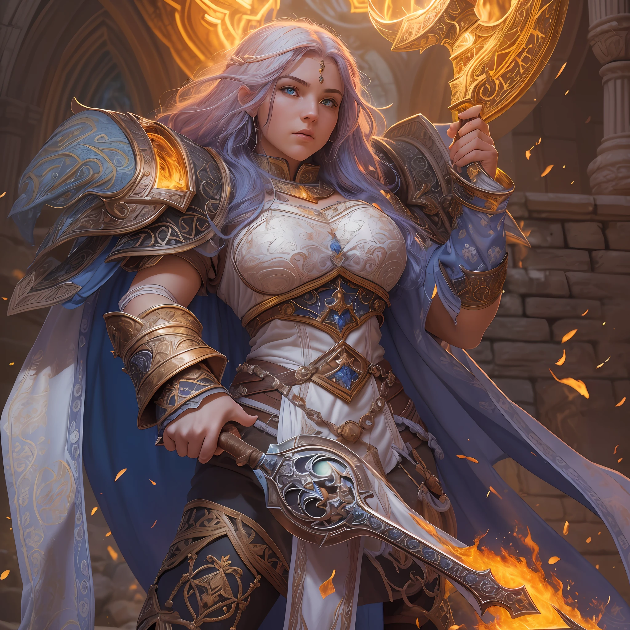 high details, best quality, 8k, [ultra detailed], masterpiece, best quality, (extremely detailed), dynamic angle, ultra wide shot, photorealistic, fantasy art, dnd art, rpg art, realistic art, an ultra wide picture of female dwarf cleric, holding axe, axe in flames, casting a spell, yellow magical light (1.5 intricate details, Masterpiece, best quality), wearing heavy white armor (1.5 intese details, Masterpiece, best quality), blue cloak (1.5 intricate details, Masterpiece, best quality), holy symbol, blue light from symbol, red hair, intense eyes, green eyes, D&D female dwarf (1.5 intricate details, Masterpiece, best quality) fantasy temple background, celestial background, ((divine worship atmosphere)), high details, best quality, highres, ultra wide angle
