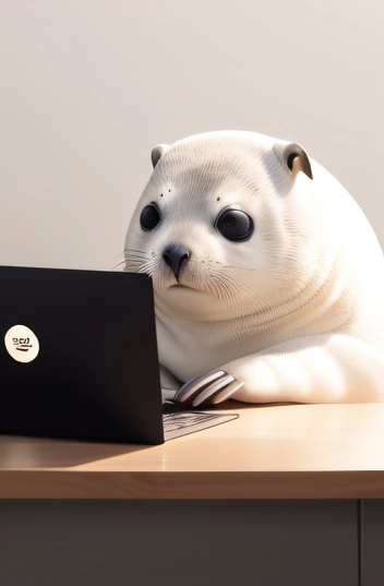 "Por favor, crea una imagen animada de una caricatura de una foca sosteniendo un libro que represente HTML, CSS y JavaScript en su manita. La foca debe tener una apariencia amigable y entusiasta, con una camiseta que diga 'Erick Dev'. The image should have an artistic touch and well-matched colors that reflect the seal's cheerful personality as a developer..

The scene should be placed in a development room with elements that identify it as a programming environment, como un escritorio con una computadora en funcionamiento, A whiteboard with lines of code drawn and a swivel chair near the desk.

I would like the seal to be surrounded by elements related to programming, como un teclado, a cup of coffee, and some books on programming and software development.

The image should convey a sense of joy and satisfaction from the creative process of programming., Reflecting my passion for software development. The design should be sleek and modern, with a nice artistic style and pastel color scheme to add a soft and relaxing touch.

The image must be in animated format for the seal to make subtle movements and bring the illustration to life.

Make sure the image has a resolution of 1366 x 768 so that it fits my wallpaper perfectly and looks crisp and clear.