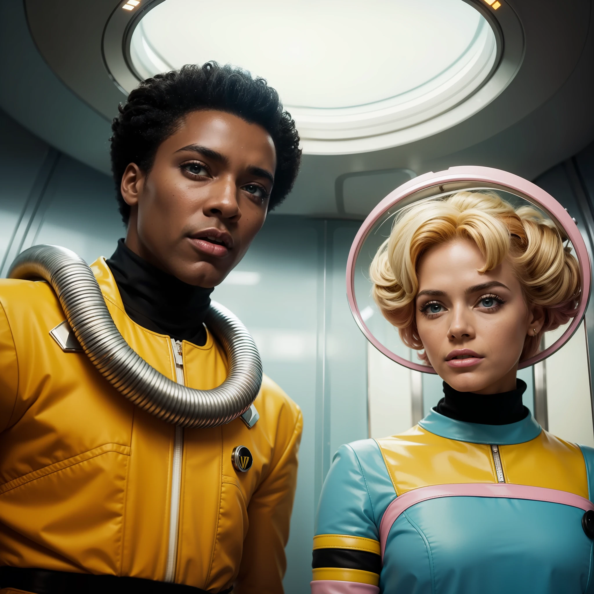 4k image from a 1960s science fiction film by Wes Anderson, Filme O Grande Hotel Budapeste, pastels colors, A blonde man and a black woman with pink hair wearing retrofuturistic alien masks and holding colorful suitcases and chests on the bus, Retro-futuristic fashion clothes from the 60s with old robots, Luz Natural, Psicodelia, futurista estranho, retro-futurista, photo-realistic, Sharp background details.