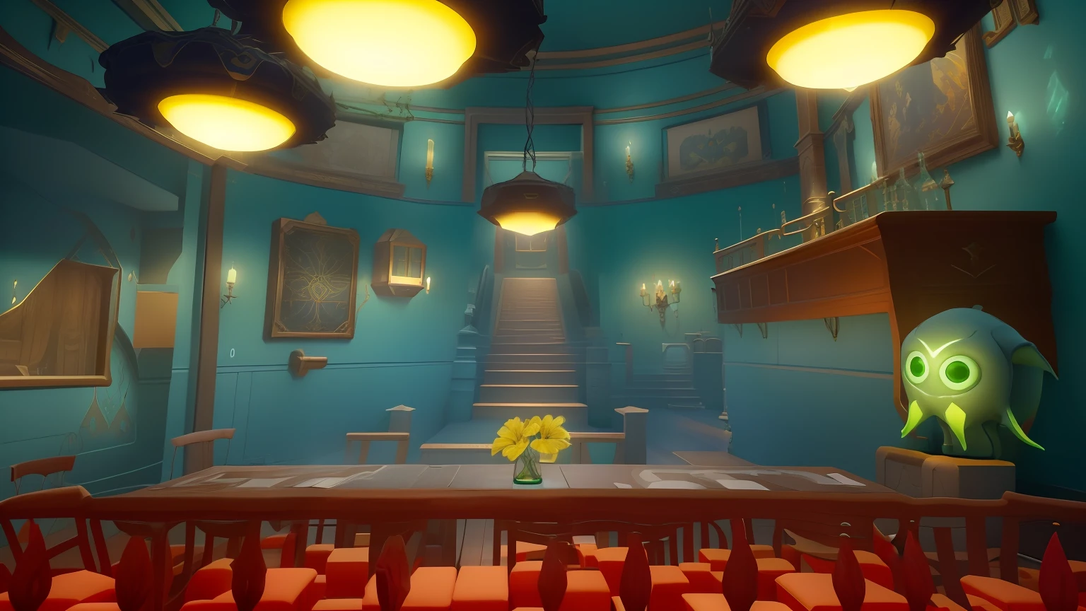 sala iluminada com piso quadriculado e mesa e cadeiras, Captura de tela de jogabilidade interior, Dentro de seu castelo VR surreal, Captura de tela do PC, Captura de tela do videogame>, renderizado no omniverso da nvidia, captura de tela do jogo, videogame ainda, captura de tela de alta qualidade, esponjoso, na captura de tela do jogo, jogabilidade ainda, Captura de tela do jogo, Bob Esponja Cthulhu Pesadelo, captura de tela do videogame, tear
