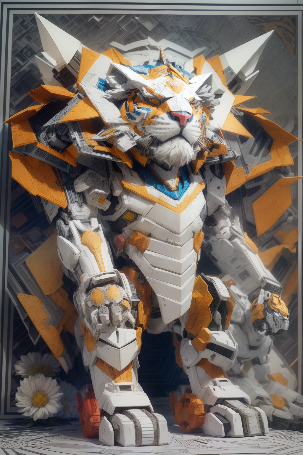 （Mecha's anthropomorphic tiger)，Full body like，short feet，Mechanical armor，White background，(paper art, Quilted paper art:1.2, geomerty:1.1, zentangle,a 3D render), (Extremely colorful, Best quality, high detal, Masterpiece, Cinematic lighting, 4K)
