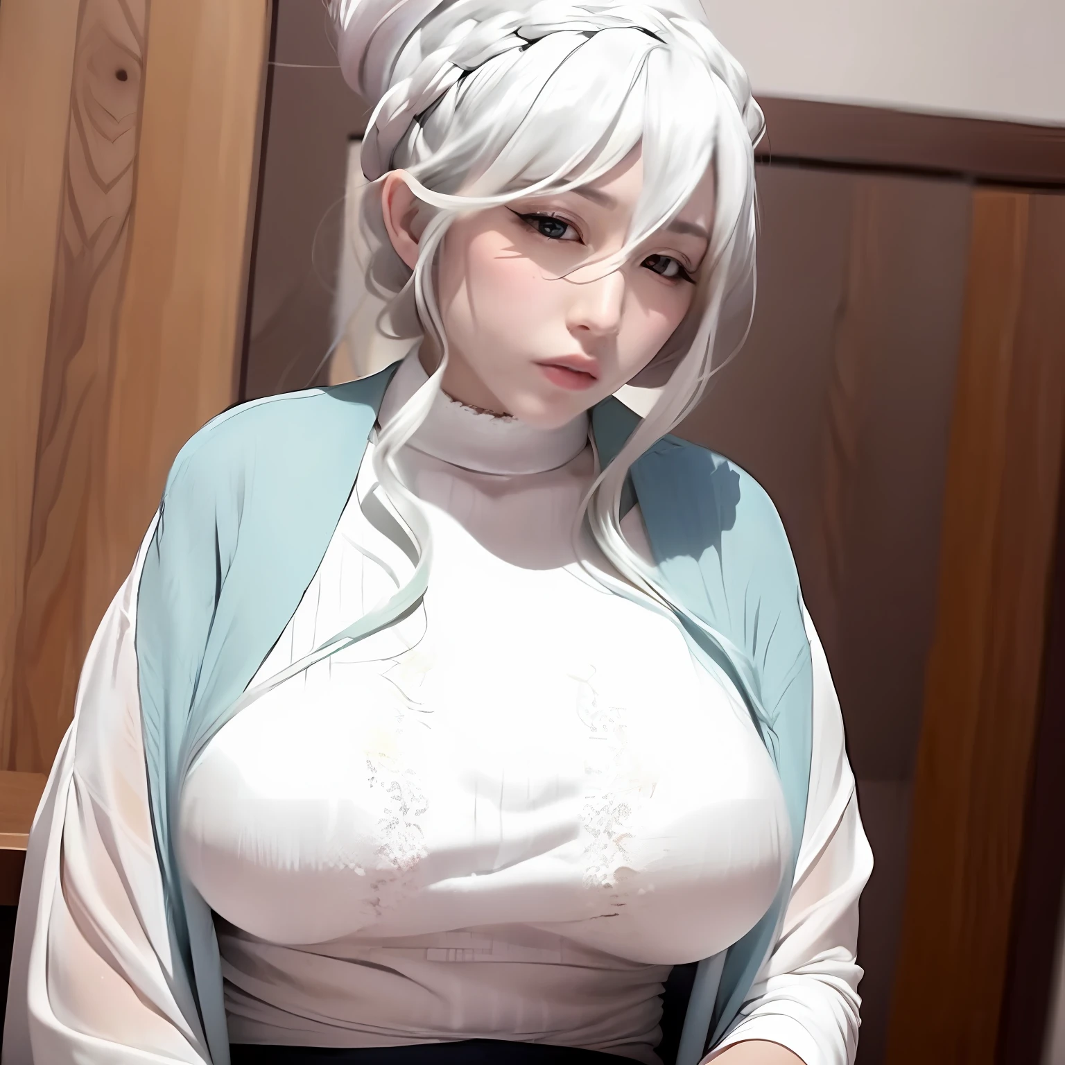 white color hair，Long hair shawl，The upper body only wore a short sleeve dumb，female pervert