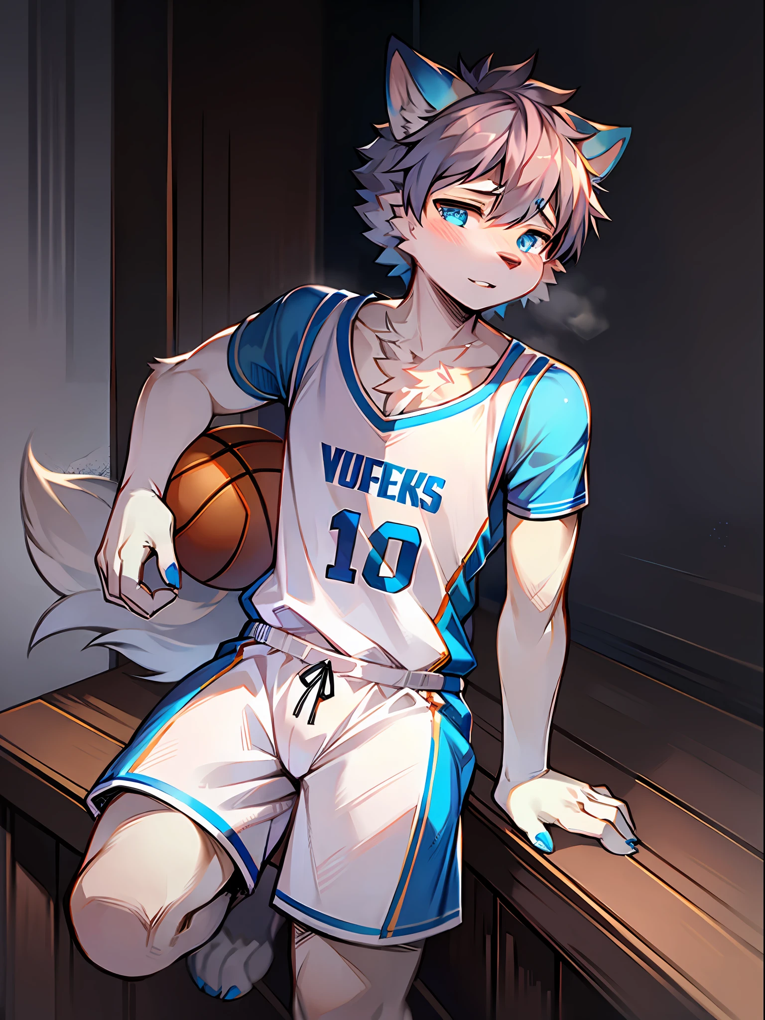 Furry,Wolf boy,White fur,crystal blue eyes,Single fluffy tail,greyt hair,short detailed hair,wearing basketball outfit,Manhwa Style