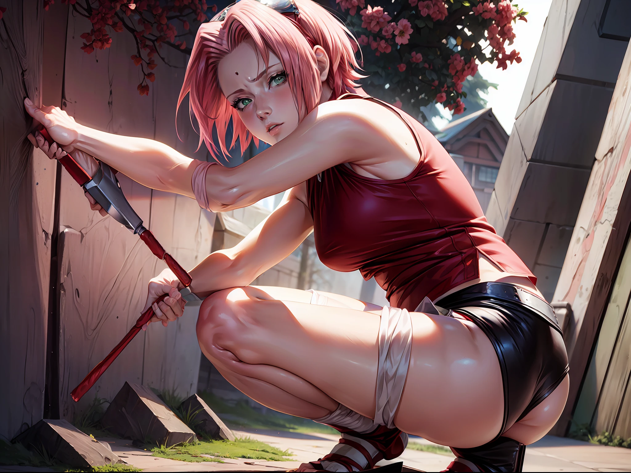Sakura haruno, ((4k, masterpiece, high quality, detail)), short hair, Sleeveless red shirt, thigh black shorts, showing her armpits, squatting, showing her , forest, ((nice)), anime Naruto shipudden