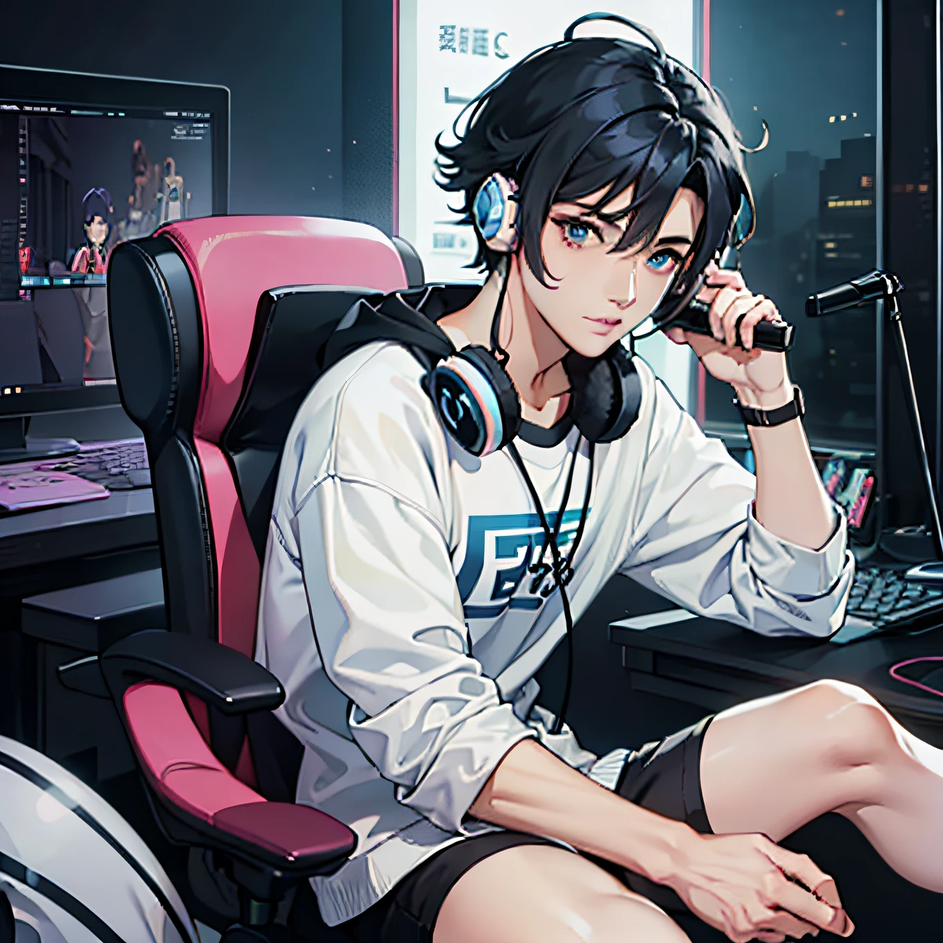 Anime boy calls to talk, ig studios anime style, nightcore, style of anime4 K, High quality anime art style, Anime boy, young anime man, Anime art style, Digital anime illustration, Anime style. 8K, in an anime style, male anime character, Kawasi,best qualtiy:1.0),(超高分辨率:1.0),Anime boys,with short black hair,blue color eyes,sitting in front of the computer,Speak into the microphone,The background is in the esports room,Earphone,The head is close to the microphone,8K