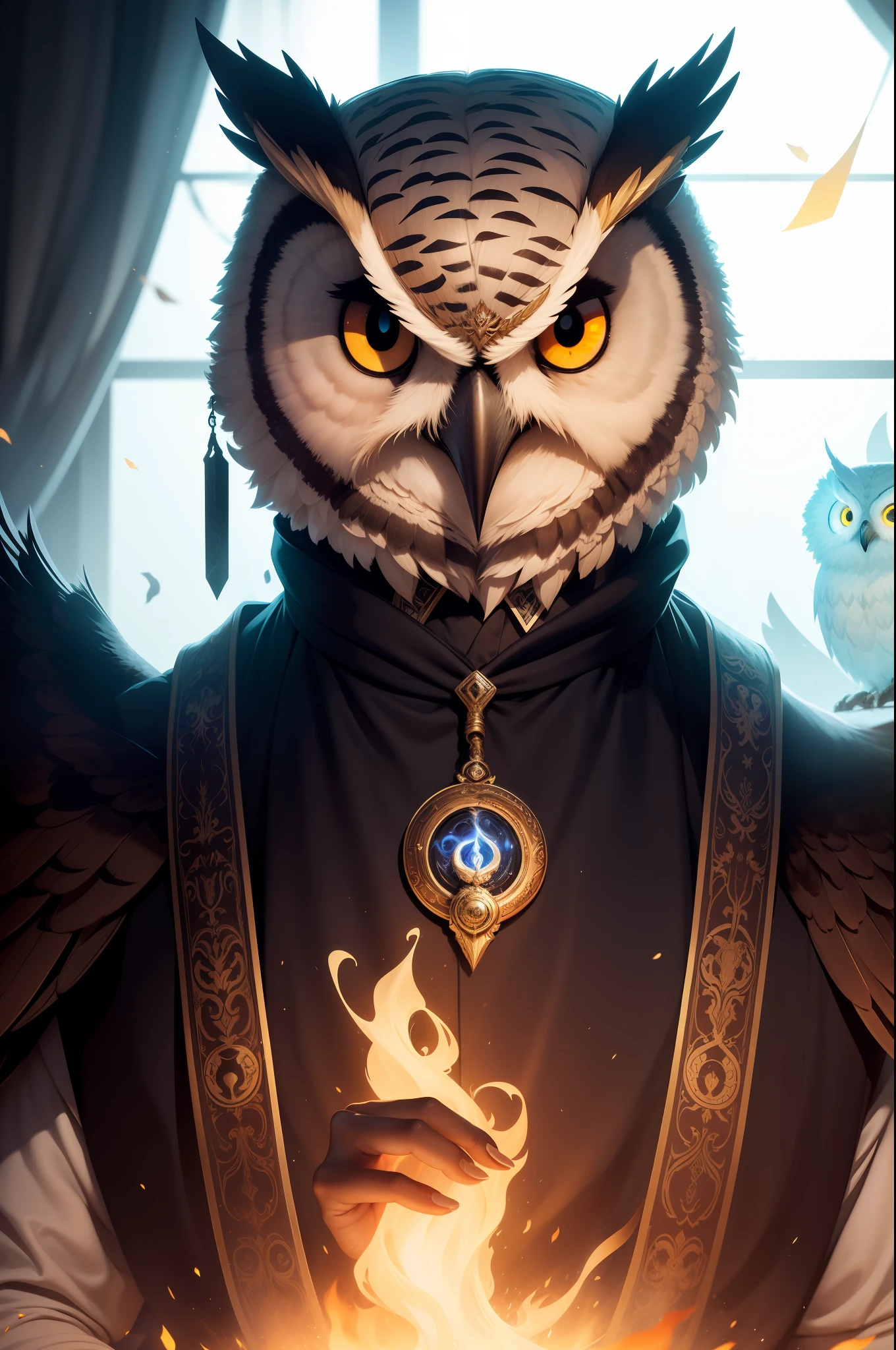 The Owl is enigmatic, wise and charismatic. He carries the weight of the responsibility of leading the legion of spirits seriously, but also with an aura of respect and fascination. His presence is both menacing and comforting, awakening a sense of intrigue and trust in their allies and fear in their adversaries.