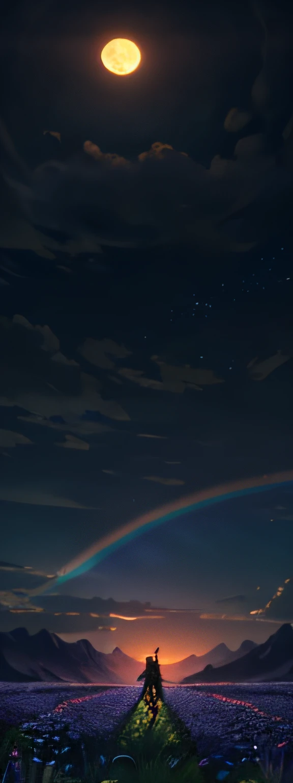 Vast landscape photo, (viewed from below, the sky is above and the open field is below), a girl standing on a flower field looking up, (full moon: 1.2), (meteor: 0.9), (nebula: 1.3), distant mountains , Trees BREAK Crafting Art, (Warm Light: 1.2), (Fireflies: 1.2), Lights, Lots of Purple and Orange, Intricate Details, Volumetric Lighting, Realism BREAK (Masterpiece: 1.2), (Best Quality), 4k, Ultra-Detailed, (Dynamic Composition: 1.4), Very Detailed, Colorful Details, (Rainbow Colors: 1.2), (Glow Lighting, Atmospheric Lighting), Dreamy, Magical, (Solo: 1.2)