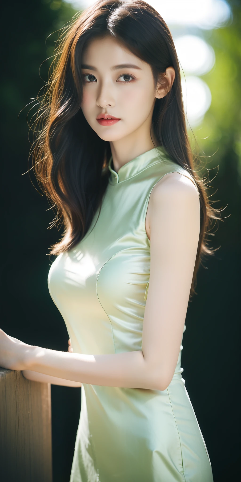(Light green print slim silk ultra-thin cheongsam),1个Giant Breast Girl,(Behind the arm:1.1),(realisticlying:1.7),((best qualtiy)),(full, Firm breasts),(超高分辨率),(realisticlying:1.6),realisticlying,rendering by octane,(Hyper-realistic:1.2),(photo-realistic face:1.2),(8K),(tmasterpiece),(realistic skin textures),(illustratio,cinmatic lighting,the wallpaper),(beautidful eyes:1.2),(s the perfect face),(adolable),(standing on your feet),(brunette color hair),黑The eye,Redlip,(exteriors:1.6),and the sun was shining brightly
