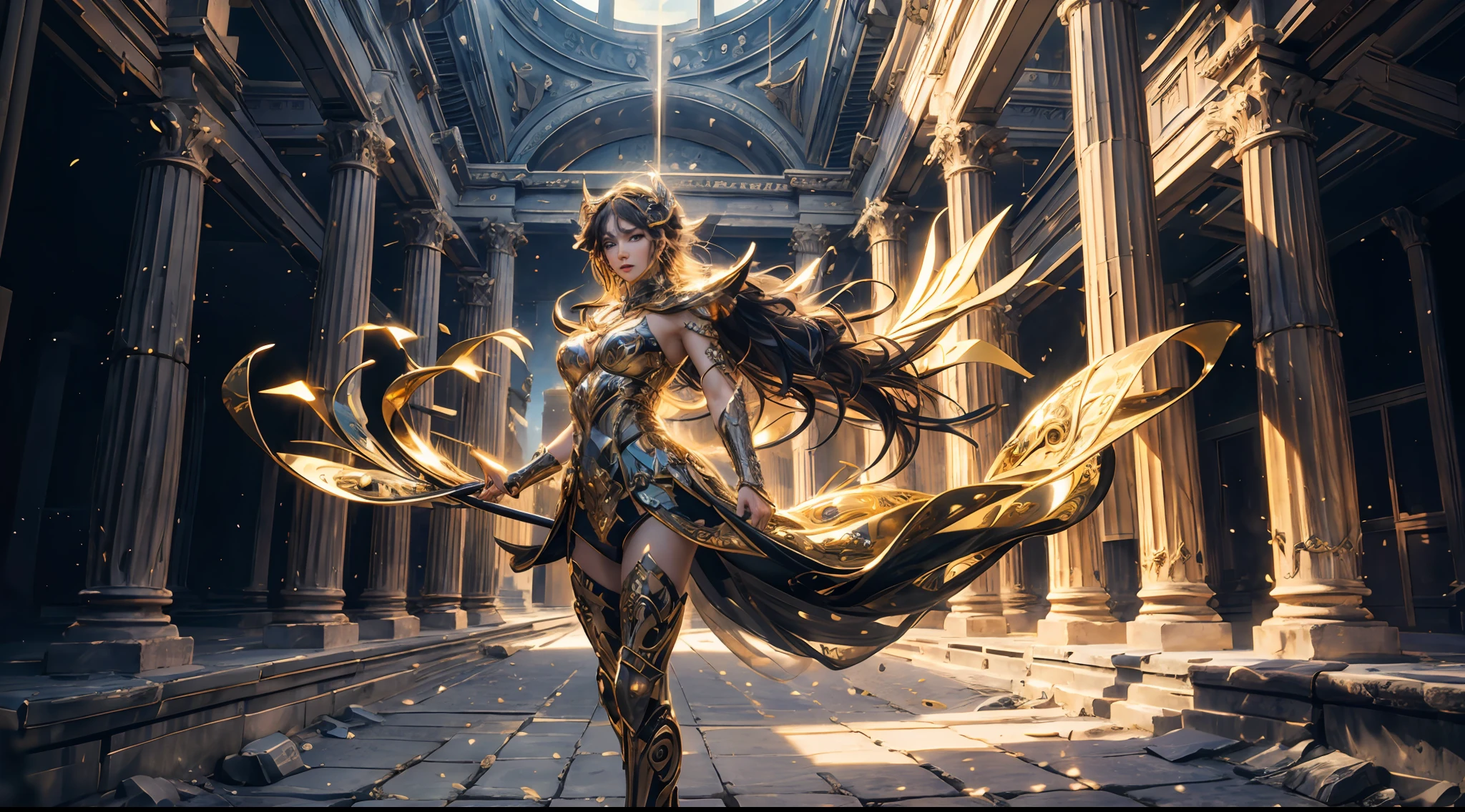 offcial art，统一 8k 壁纸，ultra - detailed，Beauty and aesthetics，high high quality，Valkyrie，tmasterpiece，Best quality at best，（zentangle，datura，Tangles，entangled：0.6），Greek temple，Large breasts，Heavy armor，complex patterns，combats，dramatics，Photorealistic, Super detail, Masterpiece, Best quality, A high resolution, 8K