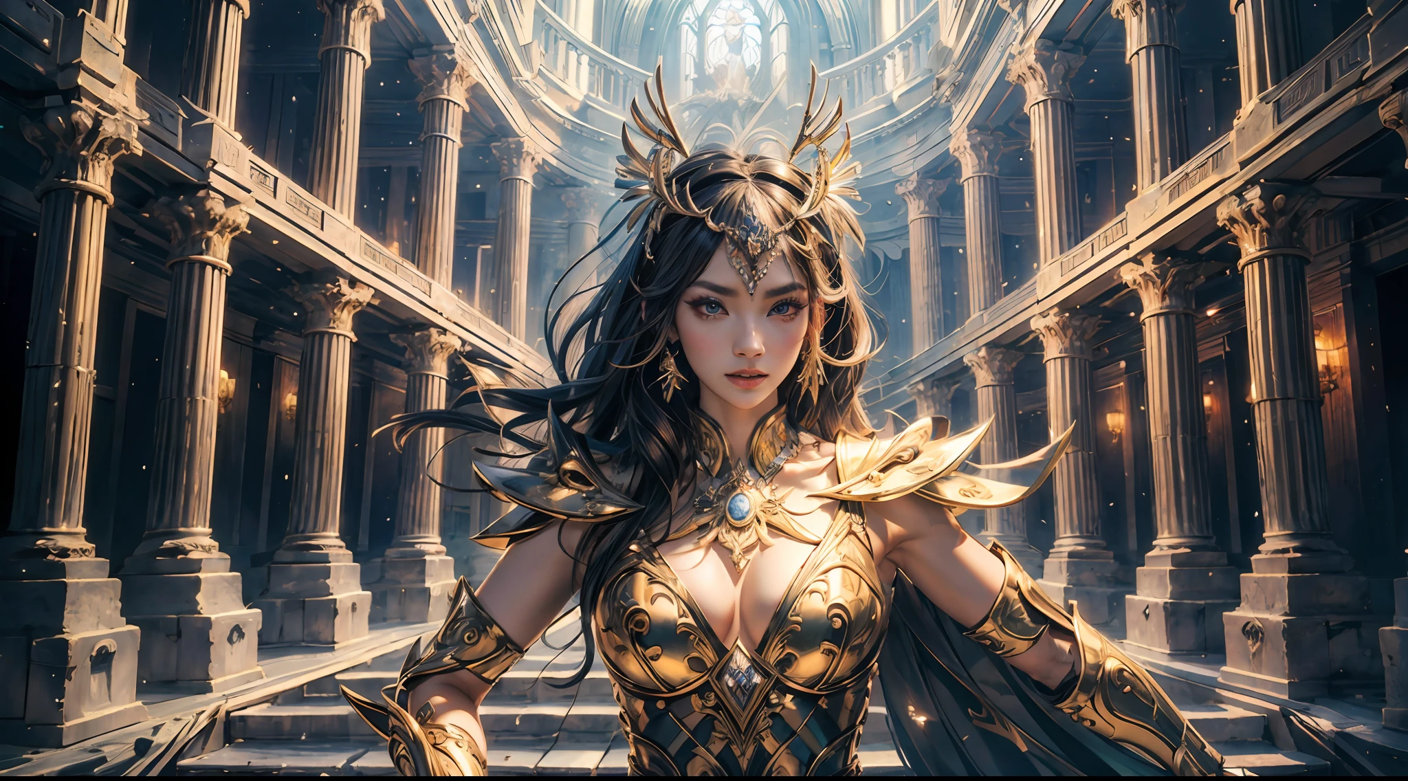 offcial art，统一 8k 壁纸，ultra - detailed，Beauty and aesthetics，high high quality，Valkyrie，tmasterpiece，Best quality at best，（zentangle，datura，Tangles，entangled：0.6），Greek temple，Large breasts，Heavy armor，complex patterns，combats，dramatics，Photorealistic, Super detail, Masterpiece, Best quality, A high resolution, 8K