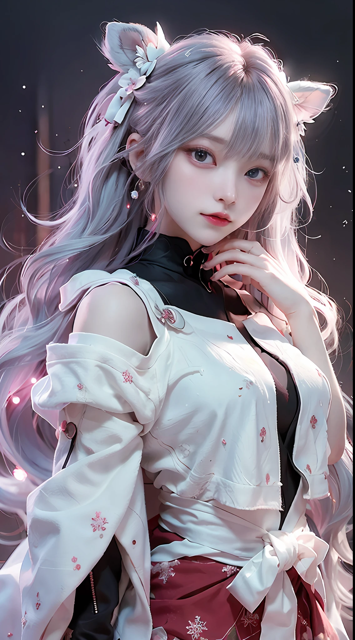 ((best qualtiy)), ((tmasterpiece)), (detail:1.4), Cute cyberpunk Japan woman image,sixteen years old,(Photograph the whole body),nffsw(HighDynamicRange),Ray traching,NVIDIA RTX,Hyper-Resolution,illusory 5,Sub-surface scattering,PBR Textures,post processed,Anisotropy Filtering,depth of fields,maximum definition and sharpness,multi-layer texture,Albedo e mapas Speculares,Surface Coloring,Mitsu-Accurate simulation of material interactions,Perfectly proportioned,rendering by octane,Two-colored light,Large aperture,Low ISO,White Balance,Rule three points、8K raw data、Beautiful bright red pupils,Cyberpunk Priestess Uniform,Off-the-shoulder clothing,Crimson Hakama,Light blonde hair with emerald green gradient,Delicate face and eyes,with round face, drooing eyes, long eyelasher,Blushlush,Delicate and fluffy hair,lip,pure,Cute face,Sweet girl,Artistic sense,Casual wear,Advanced Sense,Snowflake,flower petals,Snowflake, Briar snow background, Beautiful Hair Accessories,long hair and waist,Hair fluttering in the wind,Snow White cat ears, Curly