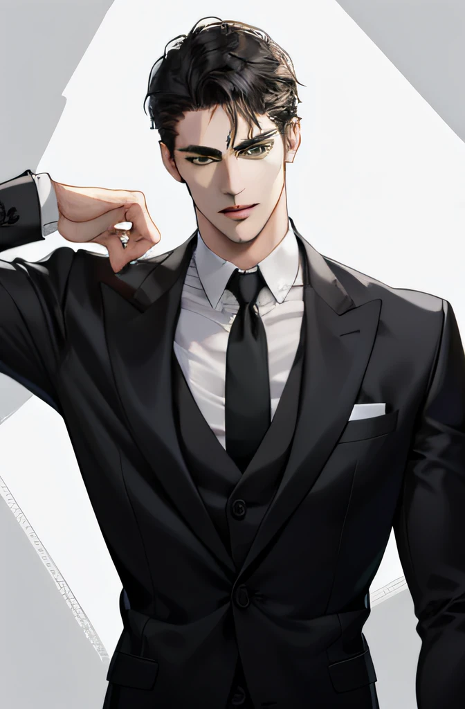(absurd, hd, super detailed), (1 male, single, adult, mature: 1.4, age: 1.4, tall, handsome), fine eye and face portrayal, extremely short hair, black hair, hair oil, distinct hair, green eyes, (pointed chin: 1.4, thick neck: 1.4, thick eyebrows: 1.4), BREAK, suit, break, upper body,