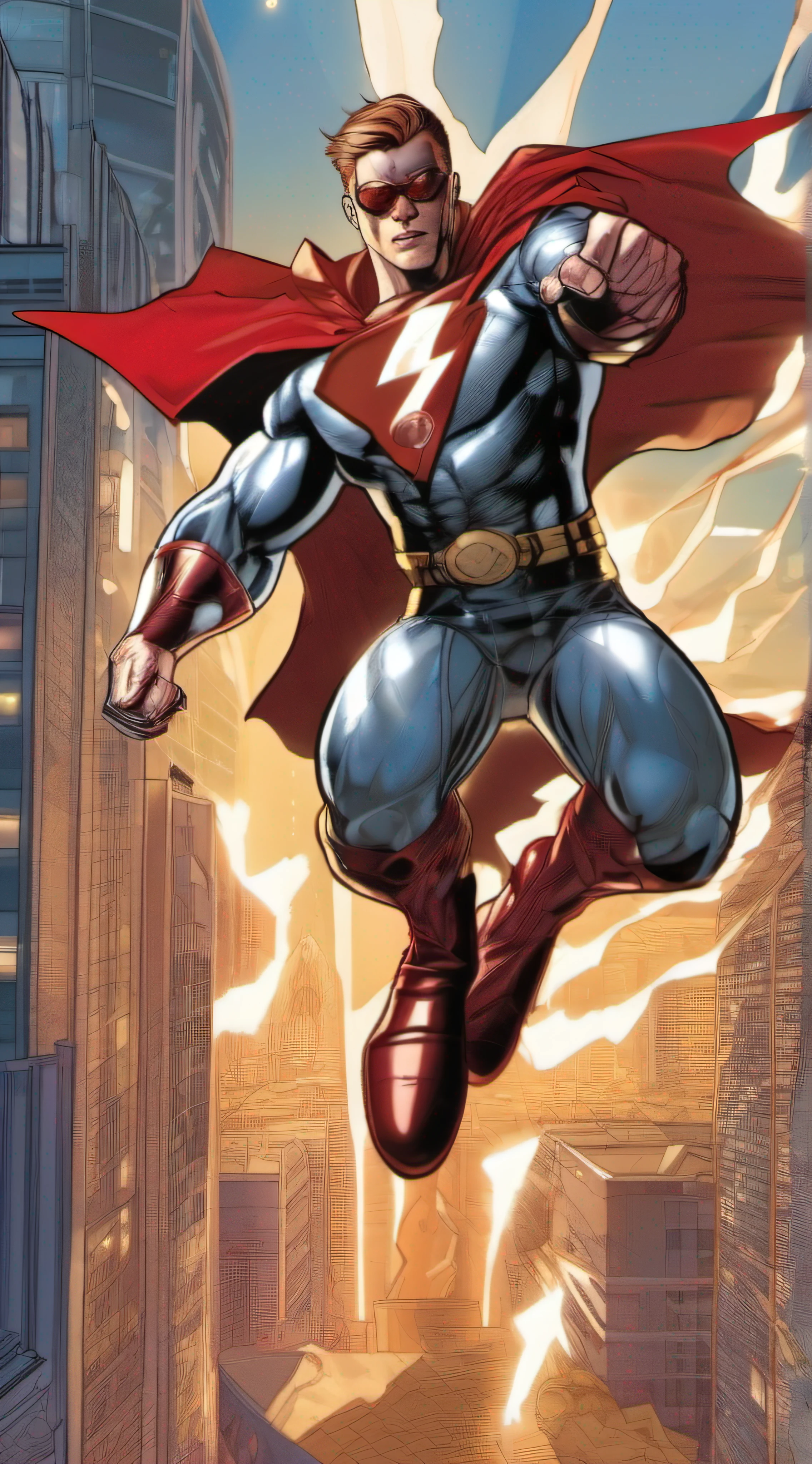 muscular superhero with light brown hair, wearing a mirrored silver bodysuit, with a dark red cape and a pair of dark red sunglasses, with dark red boots and gloves, with bolts of red lightning arcing from his outstretched hand, above a modern city