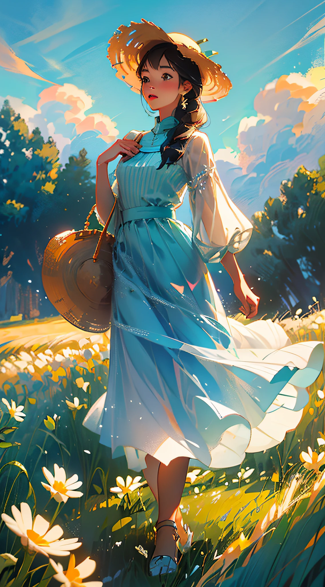 Wheat field, a farmer uncle with a straw hat standing in a wheat field, big clouds, blue sky, rice field, neat rice seedlings in the field, forest, hillside, secluded, rural, HD detail, hyper-detail, cinematic, surrealism, soft light, deep field focus bokeh, ray tracing and surrealism. --v6