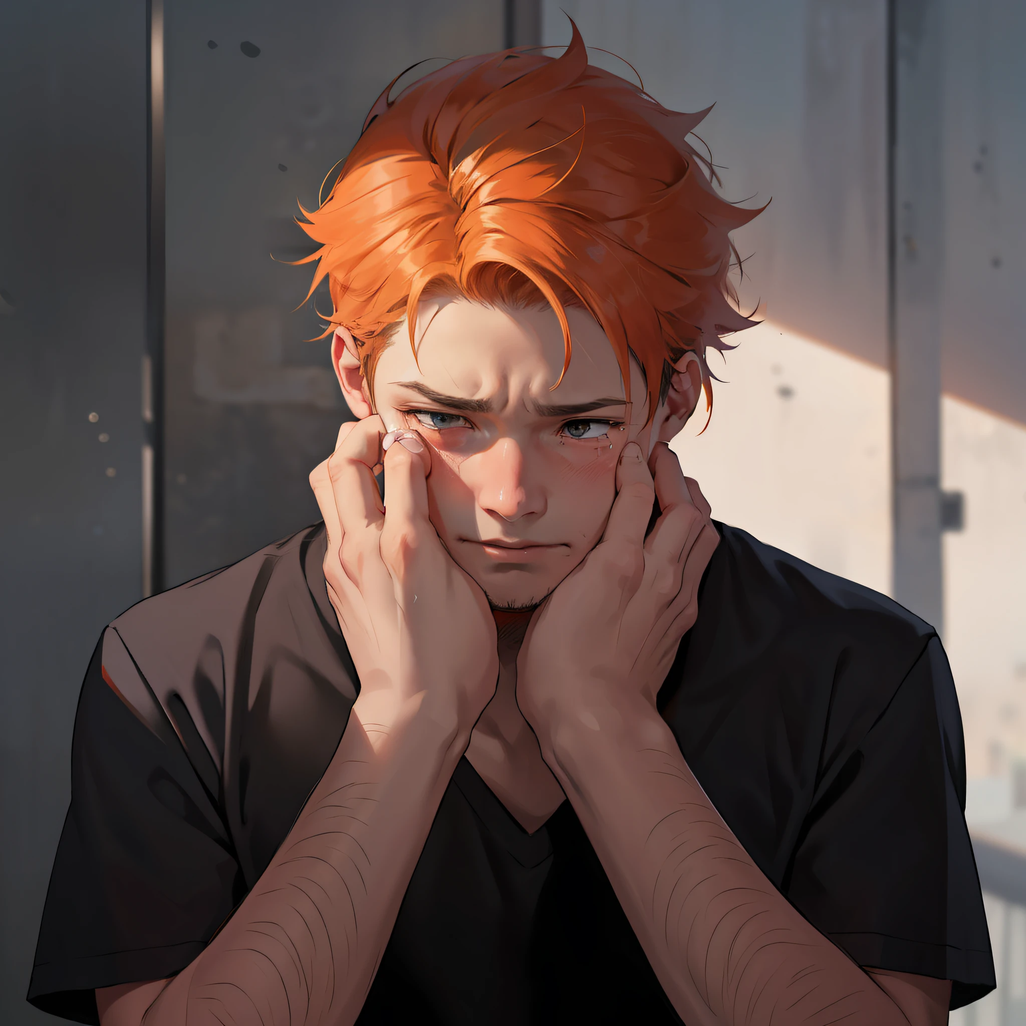 Orange-haired 15-year-old cries with sadness because his friend has died