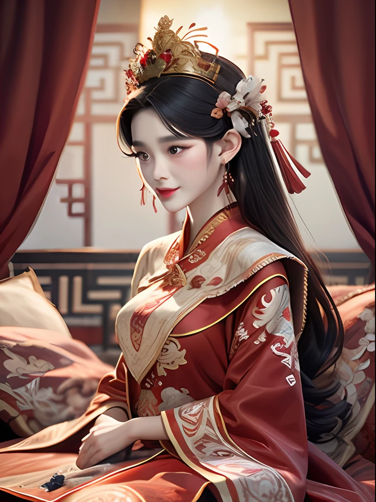 Best quality: 1.1), (Realistic: 1.1), (Photography: 1.1), (highly details: 1.1), A man wears a red and gold dress,Woman with a crown on her head, A hair stick, (sitting on red bed), Blushing, Shy, black_Hair, crown, Looking down, (2 red candles), Chinese_clothes, Curtains, Earrings, Hair_decorations, Hanfu, interiors, jewelry, Long_Sleeves, Red dress, Redlip, nipple tassels, (Red quilt), (red palace: 1.2), (3DMM),mix4,