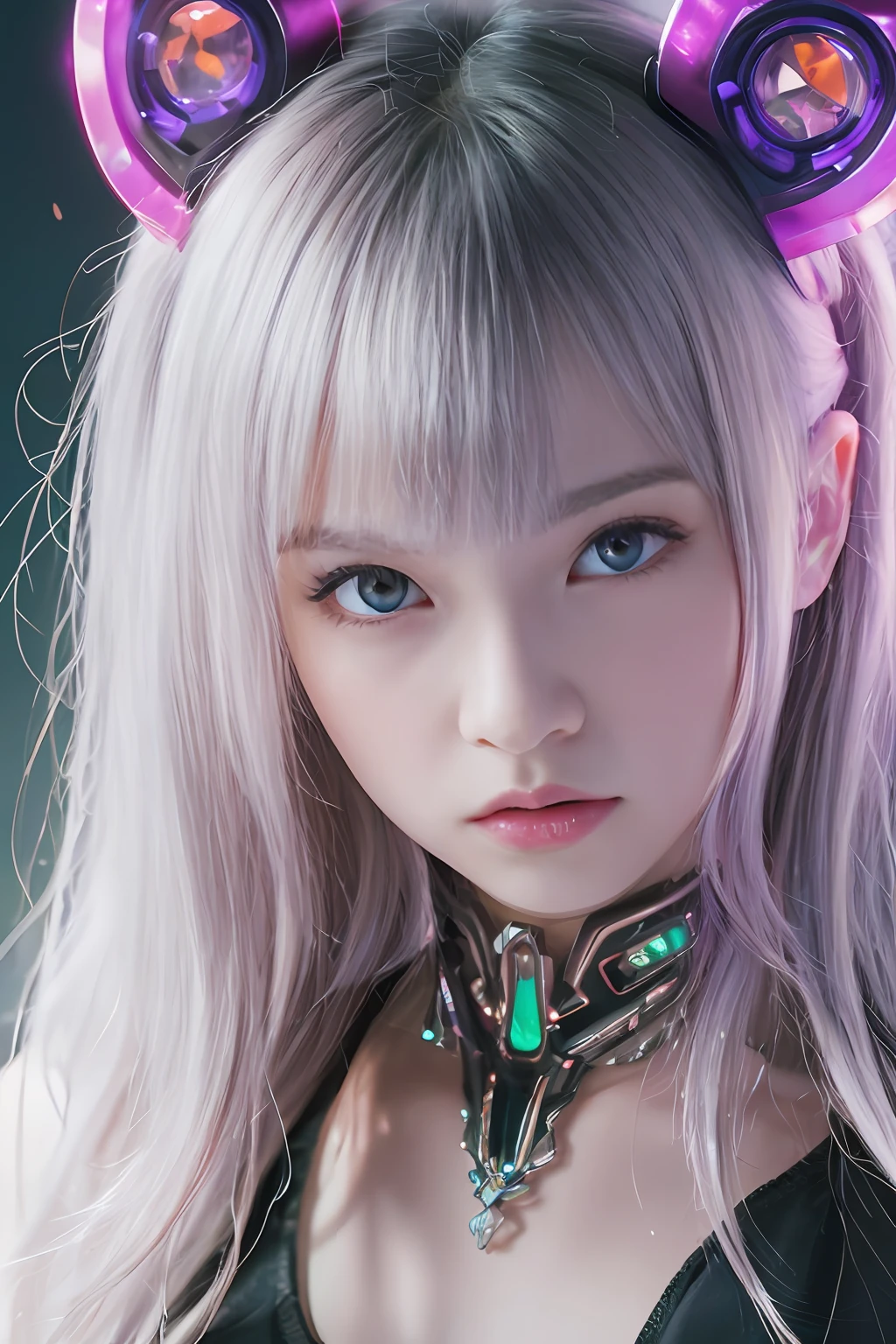 top-quality、​masterpiece、超A high resolution、(Photorealsitic:1.4)、Raw photo、女の子1人、years、Platinum Hair、sad Facial expression、glowy skin、((super realistic details))、portlate、globalillumination、Shadow、octan render、8K、ultrasharp、Colossal tits、White Latex Bra、highly intricate detail、Realistic light、CGSoation Trends、a purple eye、radiant eyes、Facing the camera、neon details、sitting on、Futuristic hair ornament、Gundam、Small LED lamp、Purple neon lighting、Green neon lighting、