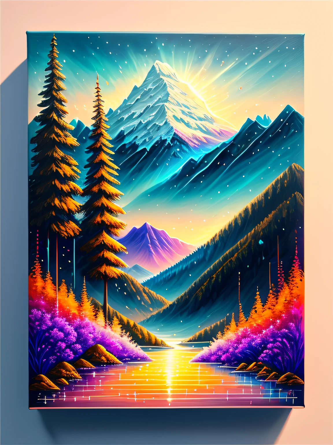 a painting of a colorful mptp on a background with mountains, breathtaking rendering, within a radiant connection, inspired by Kinuko Y. Craft,, magical elements, , wow, is beautiful, casting a multi colorful spell, bright flash, flash, 8k + Ultra HD