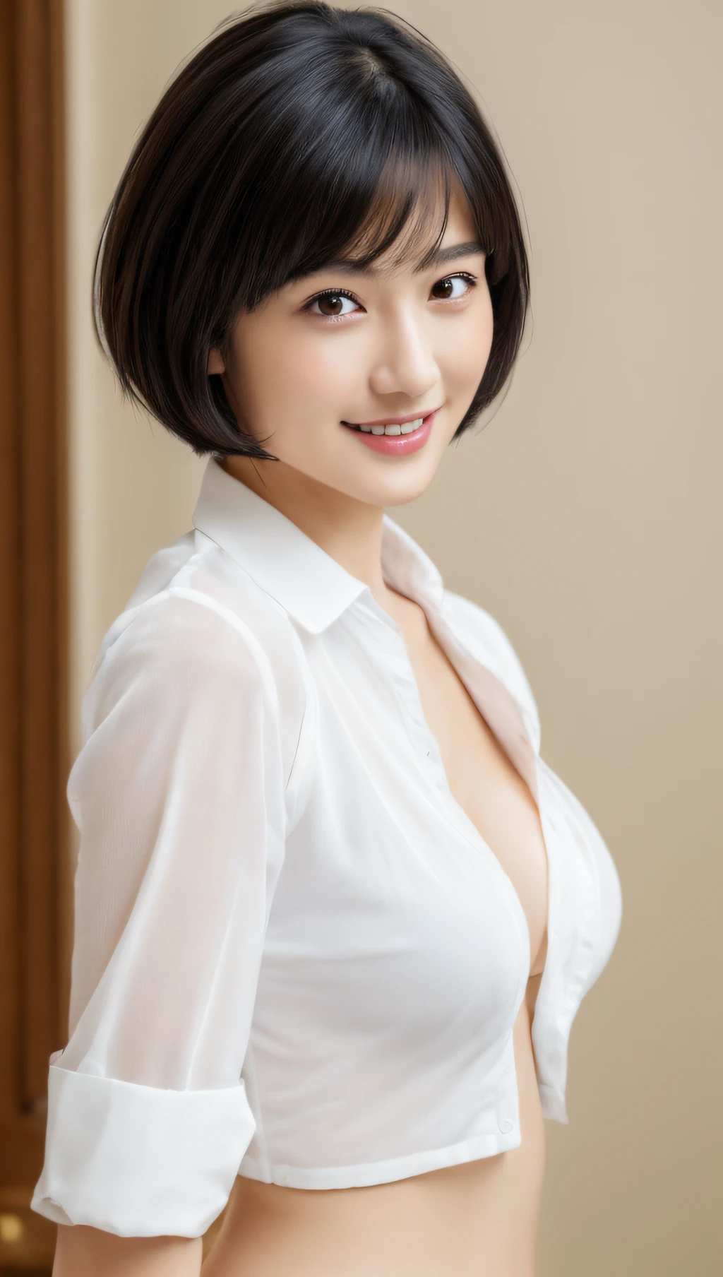(masterpiece:1.3), (8k, photorealistic, RAW photo, best quality: 1.4), japanese, (1girl), beautiful face, (realistic face), (black hair, short hair:1.3), beautiful hairstyle, realistic eyes, beautiful detailed eyes, (realistic skin), beautiful skin, attractive, ultra high res, ultra realistic, highly detailed, golden ratio,  (detaled face:1.2),looking at viewer,smile,open white shirt,medium breasts,standing,hand on hip