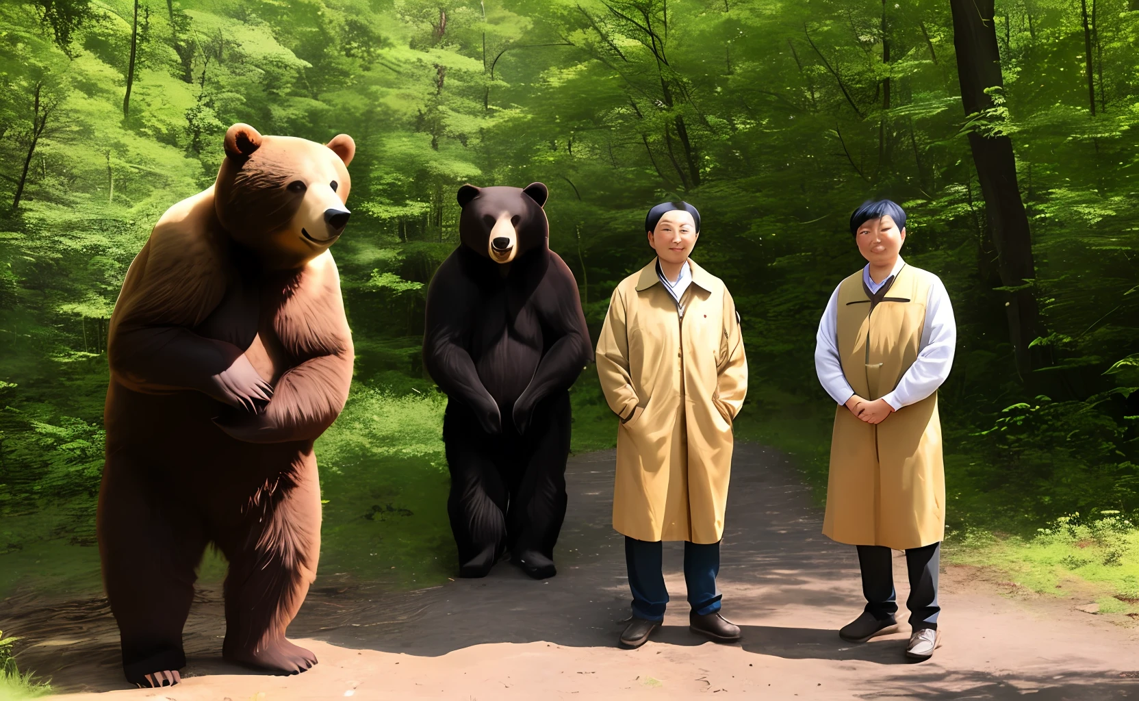 In front of the woods stood two bears and a man。