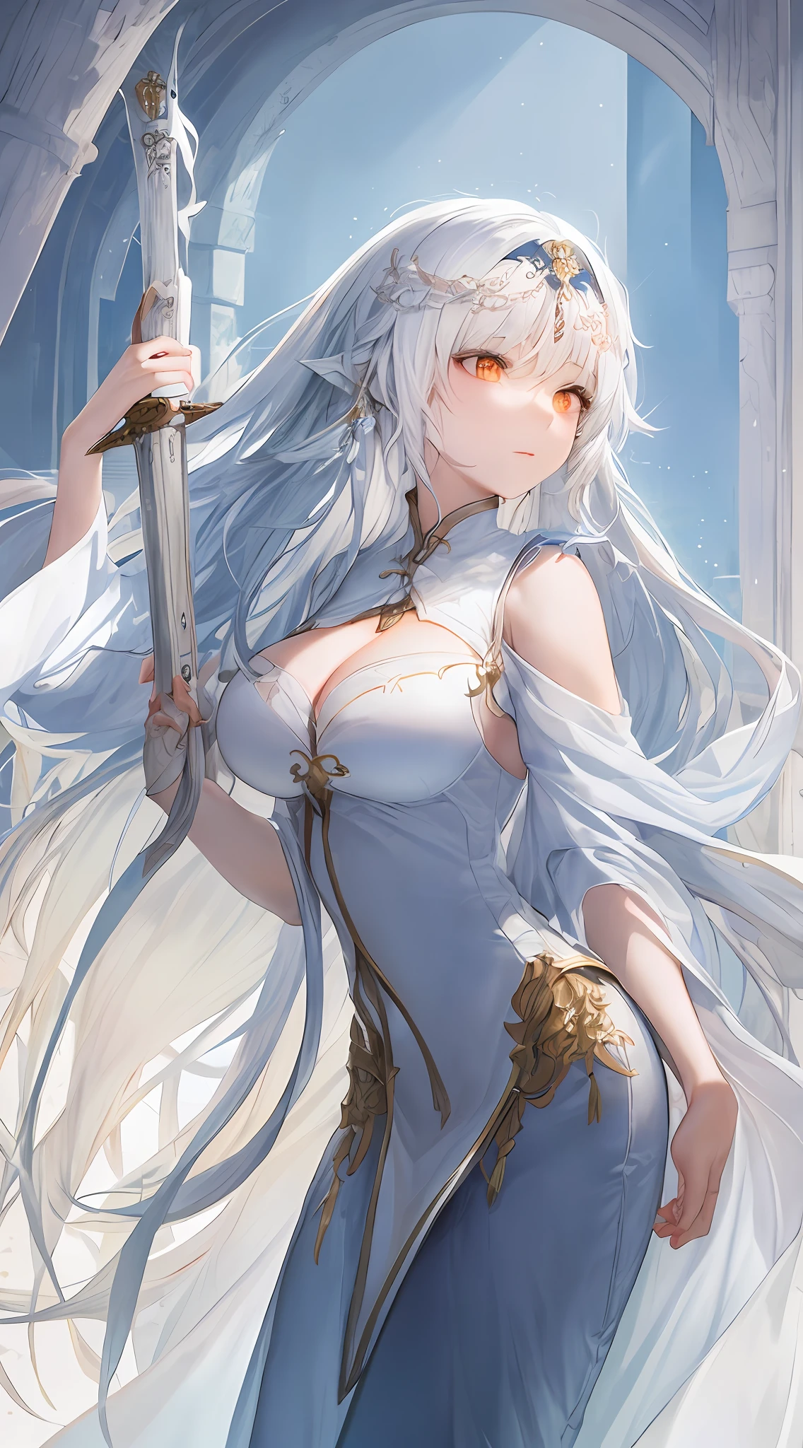 Close-up of a woman in a white dress holding a sword,a character portrait by Yang J,The popularity of CGsociety,Fantasyart,beautiful character painting,Guviz-style artwork,Guvitz,white hanfu,flowing white robe,full-body wuxia,epic exquisite character art,stunning character art,beautiful female assassin,(big breasts exposed cleavage)