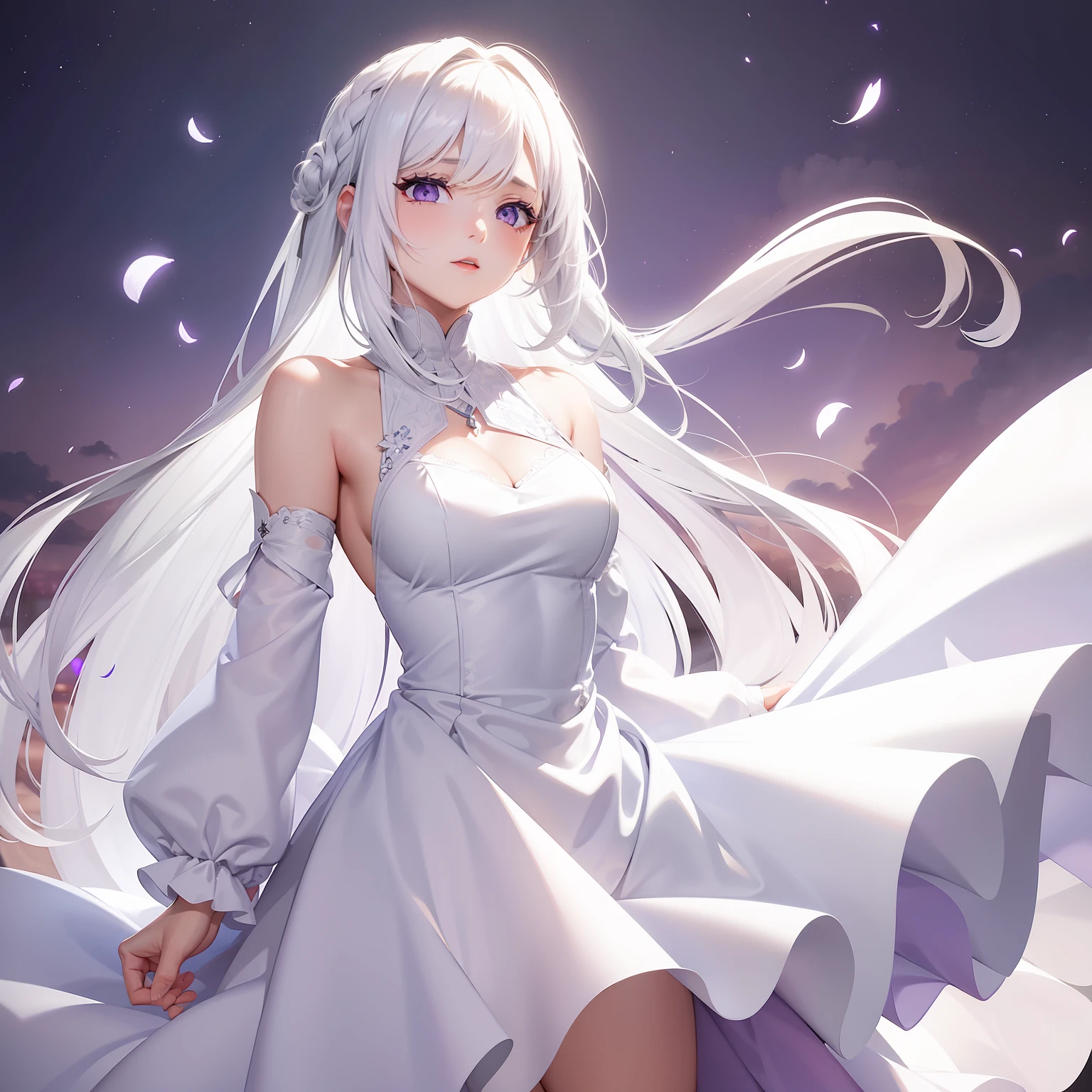 a women, white hair, purple eyes, white dress