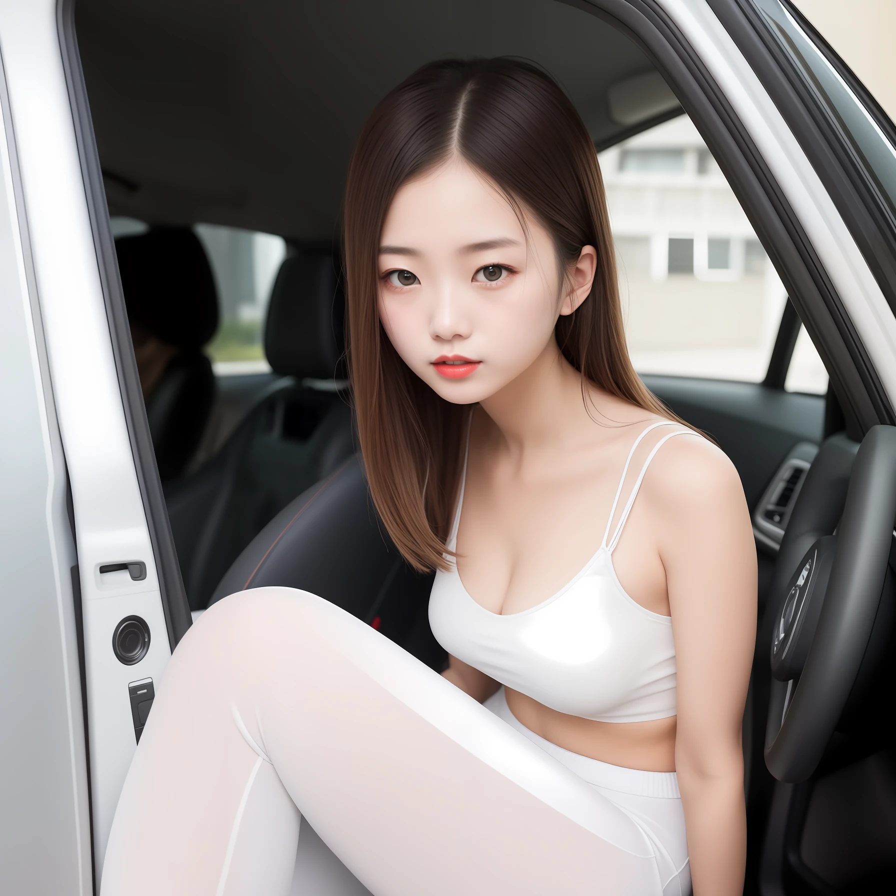 A pure beauty，18yr old，Tall and tall，Elegance，(Works of masters)，(Best image quality)，超高分辨率，(8K分辨率)，first person perspective，Delicate facial features，Perfect face shape，(short white pants)，(white camisole)，solo person，Stand next to the car，(volumettic light)，long hair flowing，Slight smile，(Seductive eyes)，(Redlip)，Watch quietly，Background gradient。