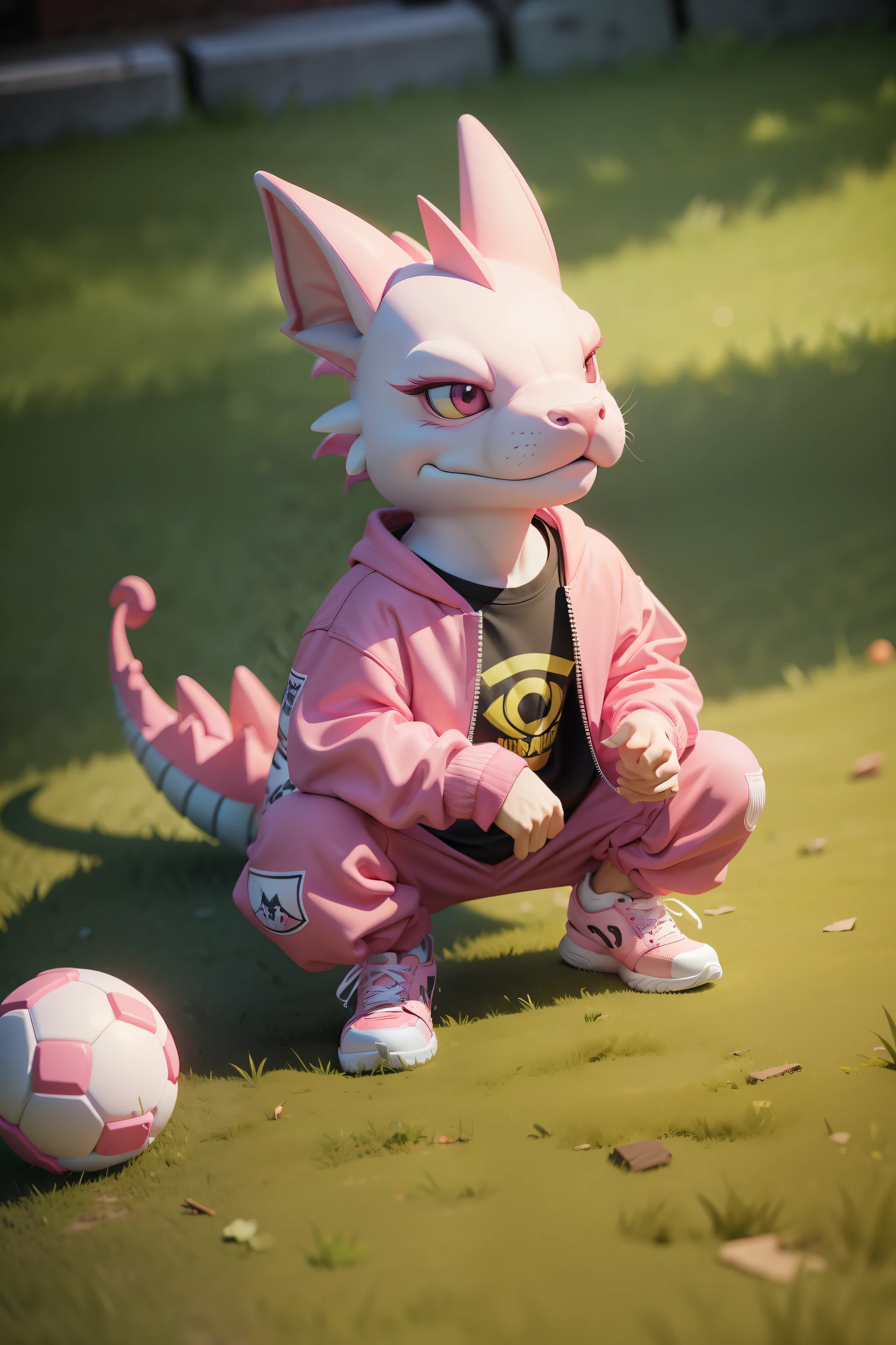 A pink toy dragon in loose hip-hop clothes sits on the lawn, ultra realistic 3d illustration,cartoonish style