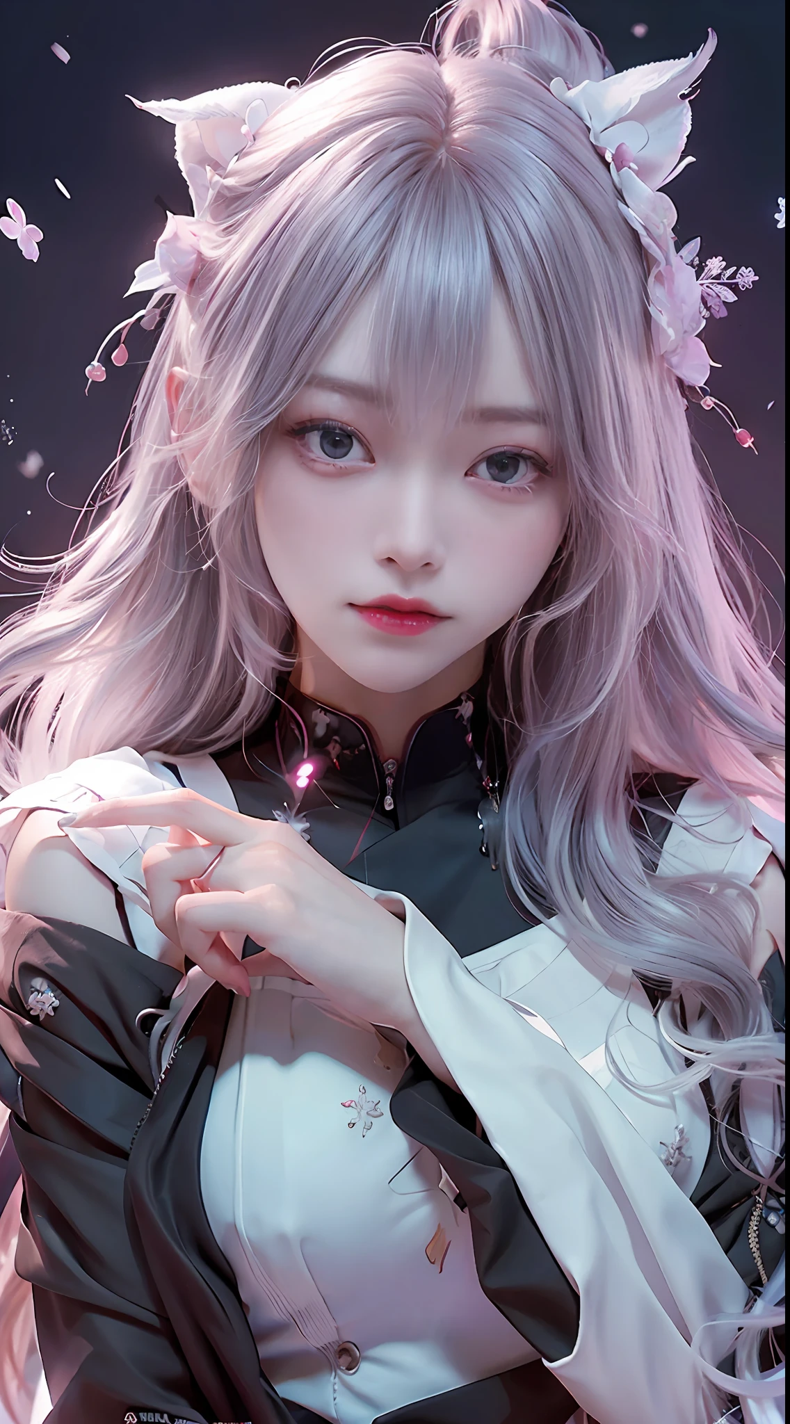 ((best qualtiy)), ((tmasterpiece)), (detail:1.4), Cute cyberpunk Japan woman image,,(Photograph the whole body),nffsw(HighDynamicRange),Ray traching,NVIDIA RTX,Hyper-Resolution,illusory 5,Sub-surface scattering,PBR Textures,post processed,Anisotropy Filtering,depth of fields,maximum definition and sharpness,multi-layer texture,Albedo e mapas Speculares,Surface Coloring,Mitsu-Accurate simulation of material interactions,Perfectly proportioned,rendering by octane,Two-colored light,Large aperture,Low ISO,White Balance,Rule three points、8K raw data、Beautiful bright red pupils,Cyberpunk Priestess Uniform,Off-the-shoulder clothing,Crimson Hakama,Light blonde hair with emerald green gradient,Delicate face and eyes,with round face, drooing eyes, long eyelasher,Blushlush,Delicate and fluffy hair,lip,pure,Cute face,Sweet girl,Artistic sense,Casual wear,Advanced Sense,Snowflake,flower petals,Snowflake, Briar snow background, Beautiful Hair Accessories,long hair and waist,Hair fluttering in the wind,Snow White cat ears, Curly