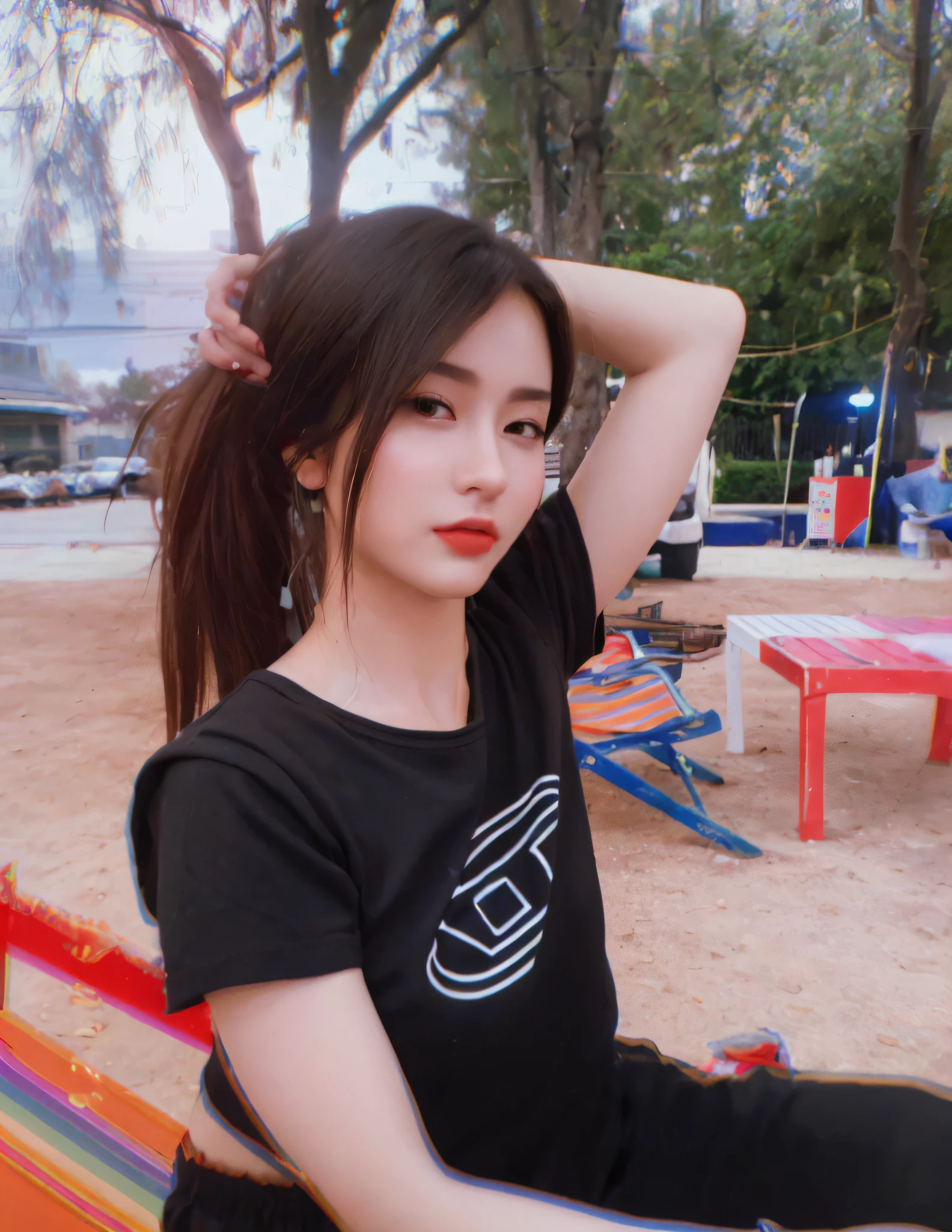 ((Realistic lighting, Best quality, 8K, Masterpiece: 1.3)), Clear focus: 1.2, 1girl, Perfect beauty: 1.4, Slim abs: 1.1, ((Dark brown hair)), (White crop top: 1.4), (Outdoor, Night: 1.1), Park view, Super fine face, Fine eyes, Double eyelids,