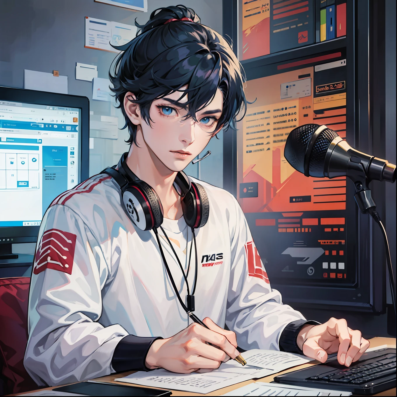Anime boy calls to talk, ig studios anime style, nightcore, style of anime4 K, High quality anime art style, Anime boy, young anime man, Anime art style, Digital anime illustration, Anime style. 8K, in an anime style, male anime character, Kawasi,best qualtiy:1.0),(超高分辨率:1.0),Anime boys,with short black hair,blue color eyes,sitting in front of the computer,Speak into the microphone,The background is in the esports room,Earphone,The head is close to the microphone,8K