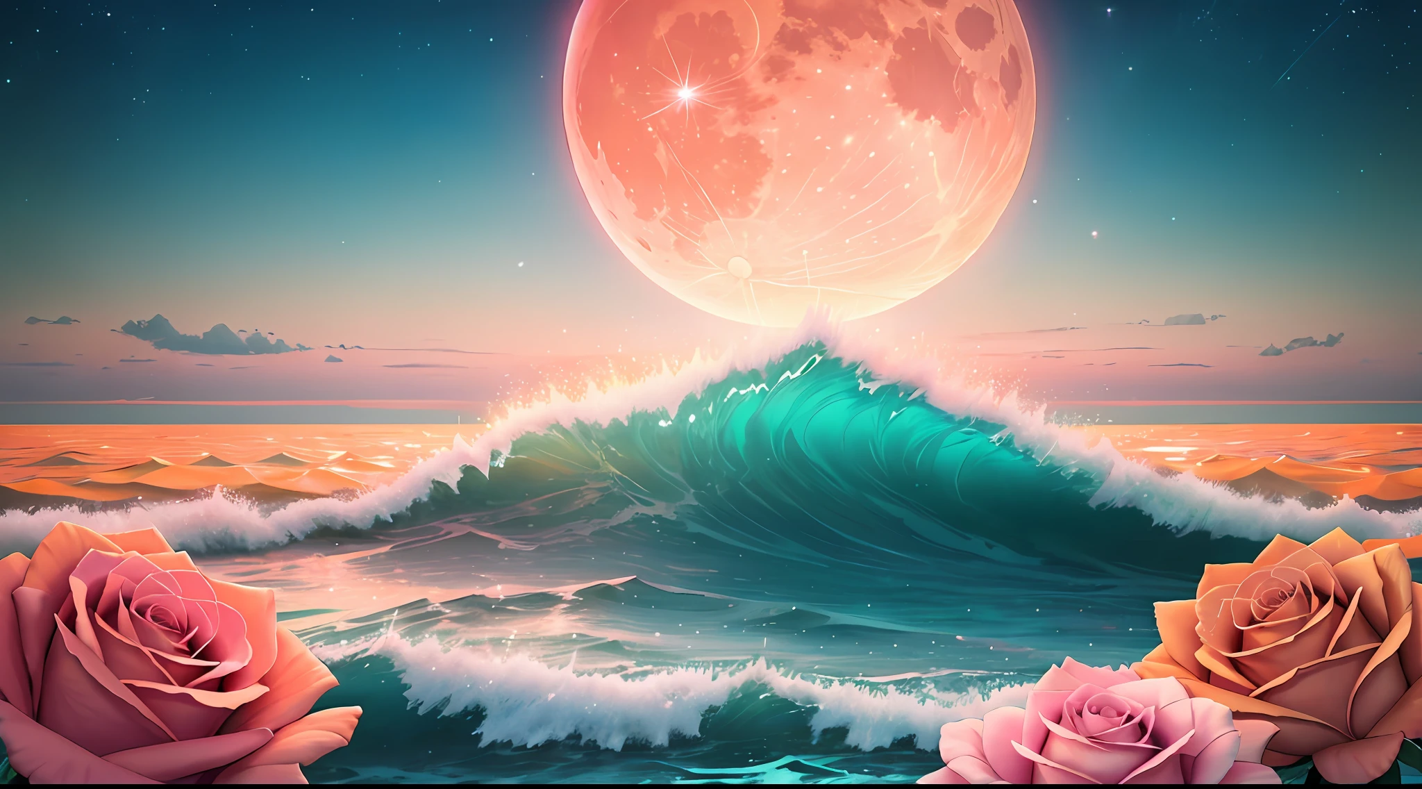 Orange moon, teal sky, soft pink clouds, teal ocean waves sparkling, sparkling, pink roses on pink ocean, fantasy, diamond, crown, universe, soft lights,