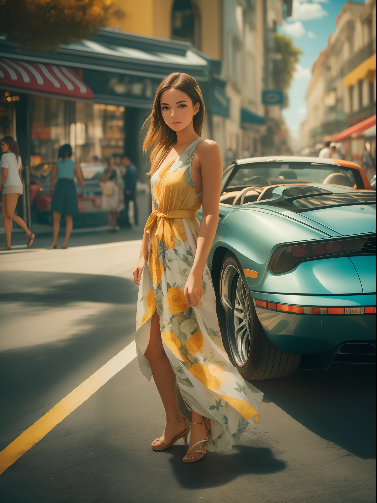 A captivating image of a young woman on a bustling summer street. Her attire reflecting her bewitching, gentle personality. The vibrant colors of the clothing and the gleaming surfaces of the behinde sports car add an element of speed and excitement. The background is blurred, emphasizing the young woman's beauty. wide aperture, standard lens, fast shutter speed