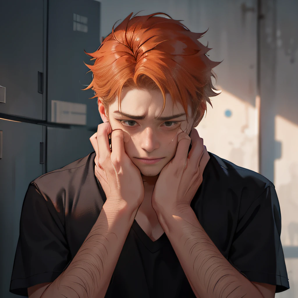 Orange-haired -yeld cr with sadness because his friend has died