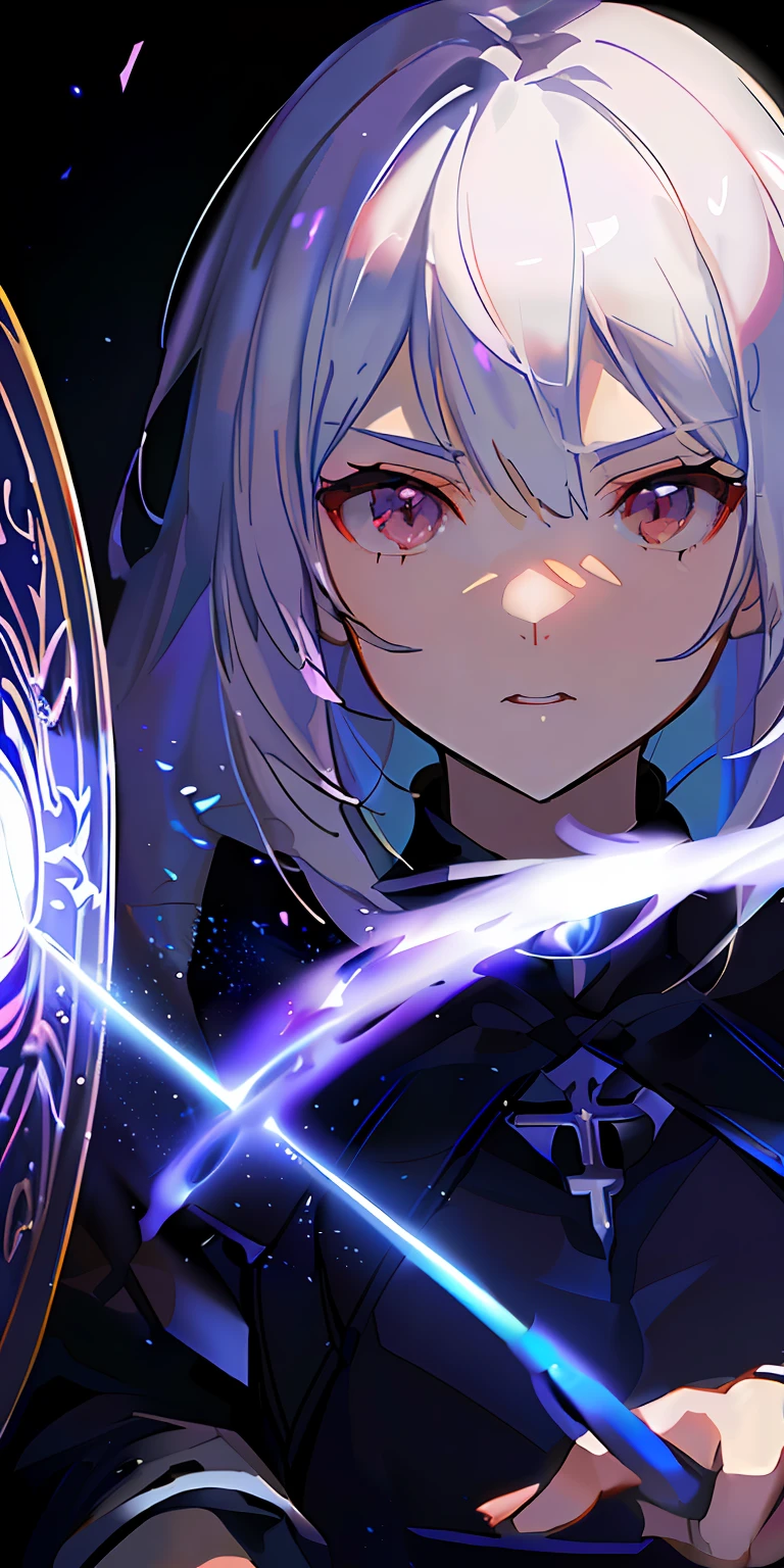 White-haired anime girl holding shield and stars, fate grand order, arcane art style, Portrait Chevaliers du Zodiaque Fille, Detailed key anime art, Detailed digital anime art, Ayaka Genshin impact, isekai, ufotable art style, Digital anime illustration, high detailed official artwork, Key anime art, anime style like fate/stay night
