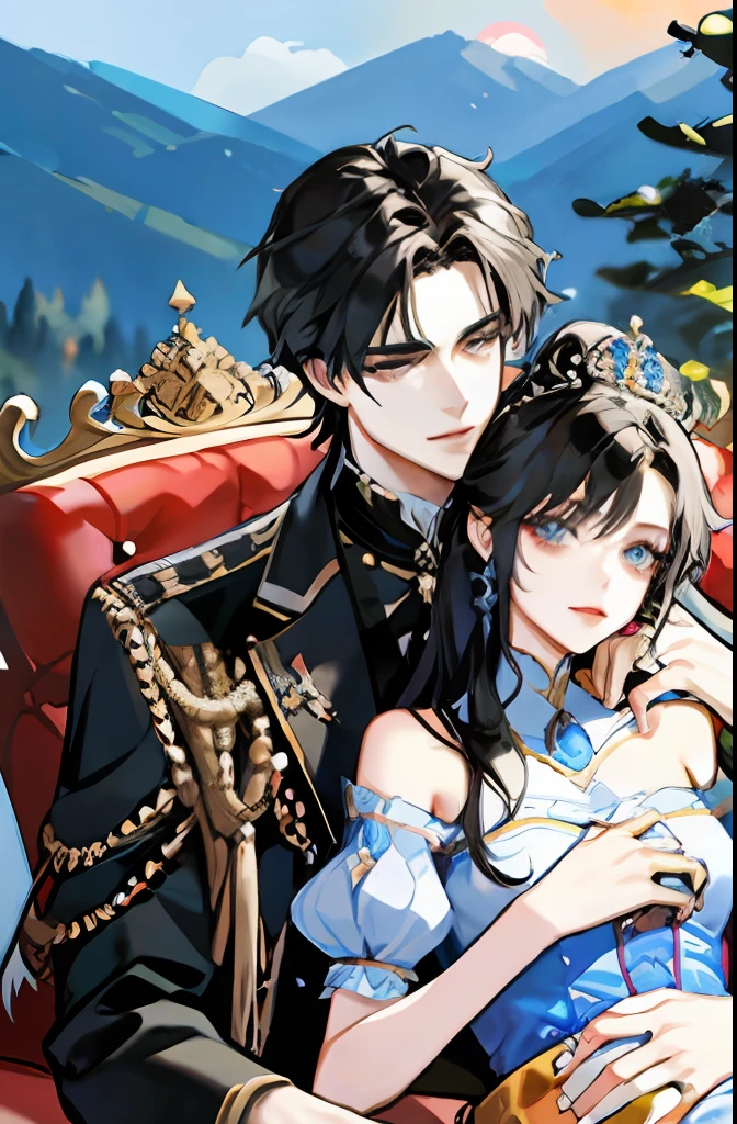 family, royal, elegant, good looking, kids, detailed, 4k, mom and dad, detailed eyes, pretty hair, handsome man, gorgeous woman, fine mom, hot dad, hot parents, mom with black hair, mom pregnant, man looking at woman with love, man hugging woman