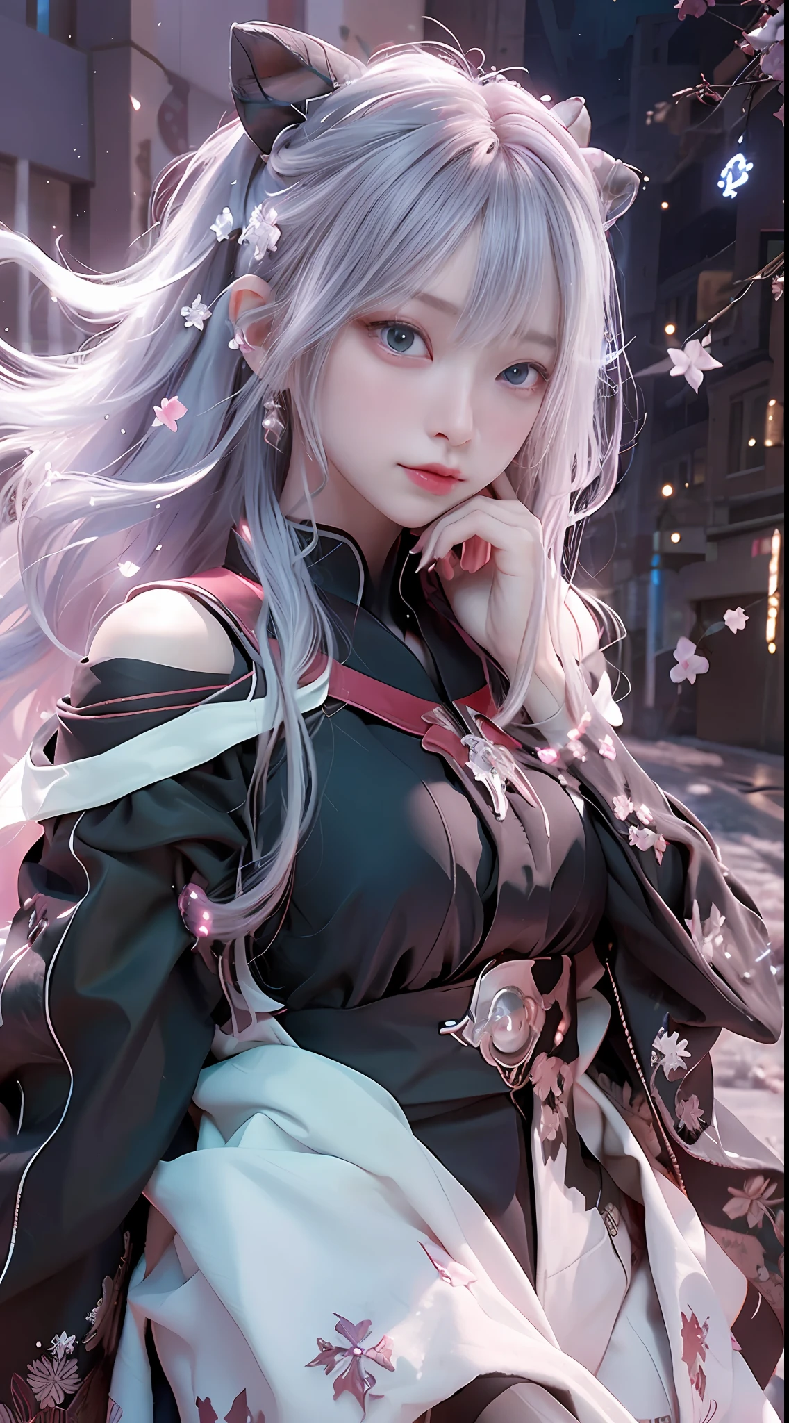 ((best qualtiy)), ((tmasterpiece)), (detail:1.4), Cute cyberpunk Japan woman image,sixteen years old,(Photograph the whole body),nffsw(HighDynamicRange),Ray traching,NVIDIA RTX,Hyper-Resolution,illusory 5,Sub-surface scattering,PBR Textures,post processed,Anisotropy Filtering,depth of fields,maximum definition and sharpness,multi-layer texture,Albedo e mapas Speculares,Surface Coloring,Mitsu-Accurate simulation of material interactions,Perfectly proportioned,rendering by octane,Two-colored light,Large aperture,Low ISO,White Balance,Rule three points、8K raw data、Beautiful bright red pupils,Cyberpunk Priestess Uniform,Off-the-shoulder clothing,Crimson Hakama,Light blonde hair with emerald green gradient,Delicate face and eyes,with round face, drooing eyes, long eyelasher,Blushlush,Delicate and fluffy hair,lip,pure,Cute face,Sweet girl,Artistic sense,Casual wear,Advanced Sense,Snowflake,flower petals,Snowflake, Briar snow background, Beautiful Hair Accessories,long hair and waist,Hair fluttering in the wind,Snow White cat ears, Curly