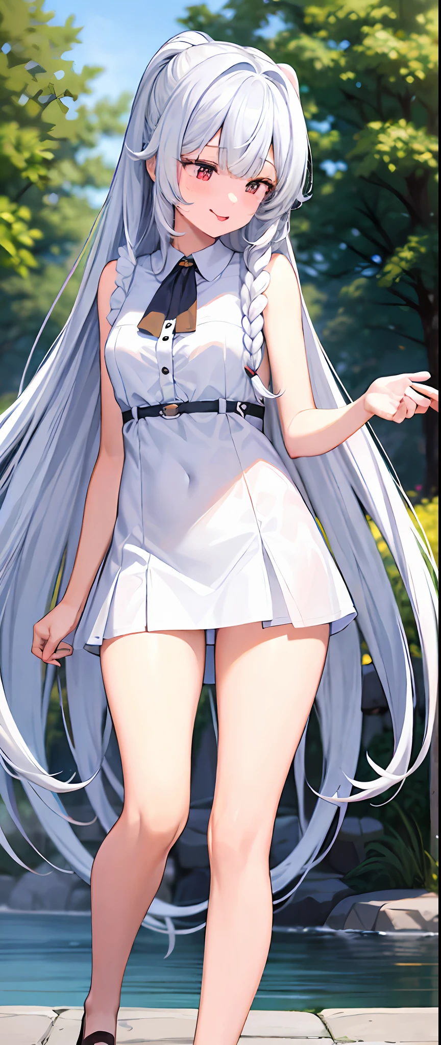 best quality,masterpiece,white background,upper body,Fair skin,blunt bangs,gladient hair,loosen clothing around the neck,look down on,extremely long hair,spreading hair,ivory hair,loafers,wet,,young,girl,open one's mouth,looks away,stick out tongue,1 girl and 1 boy,whole body