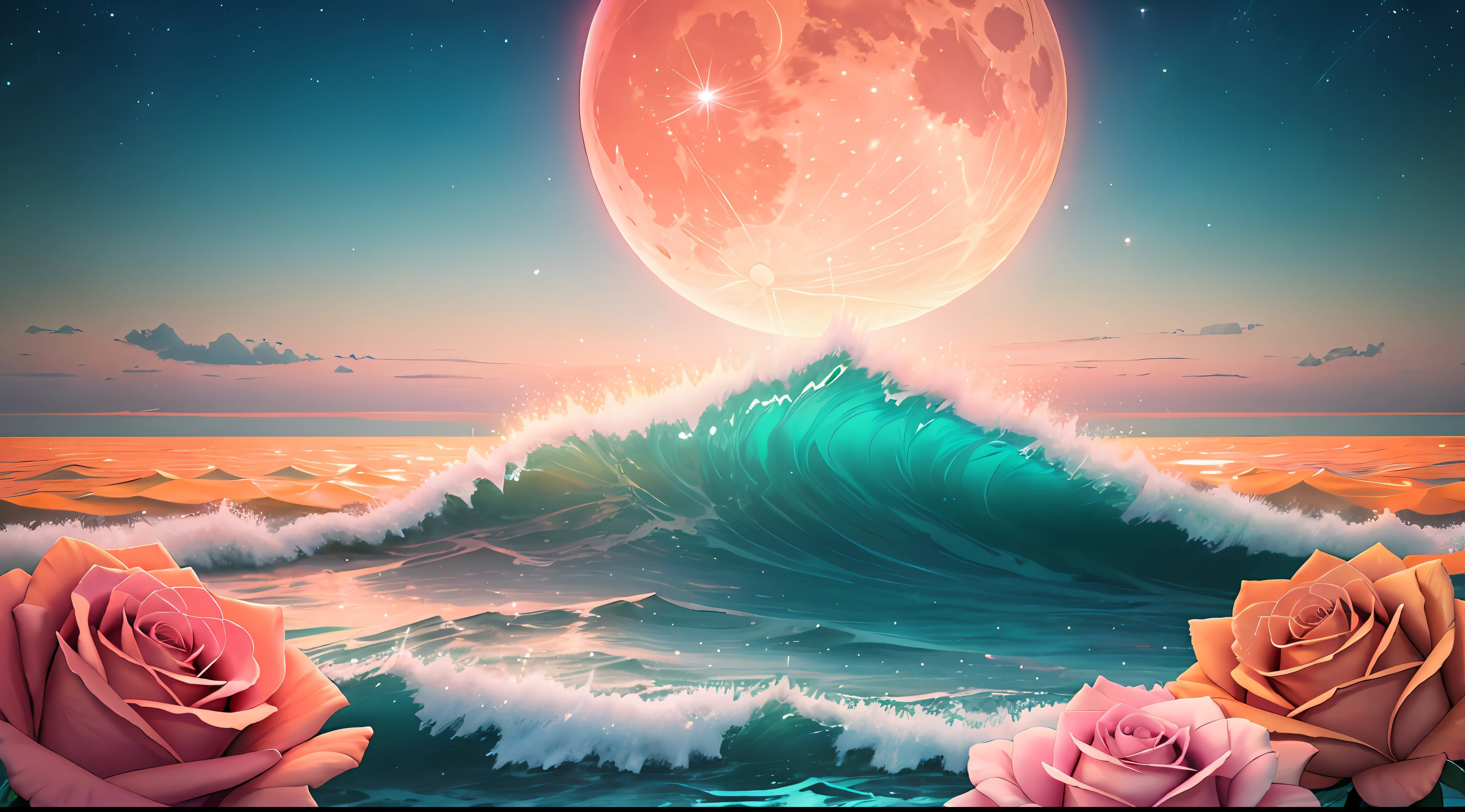 Orange moon, teal sky, soft pink clouds, teal ocean waves sparkling, sparkling, pink roses on pink ocean, fantasy, diamond, crown, universe, soft lights,