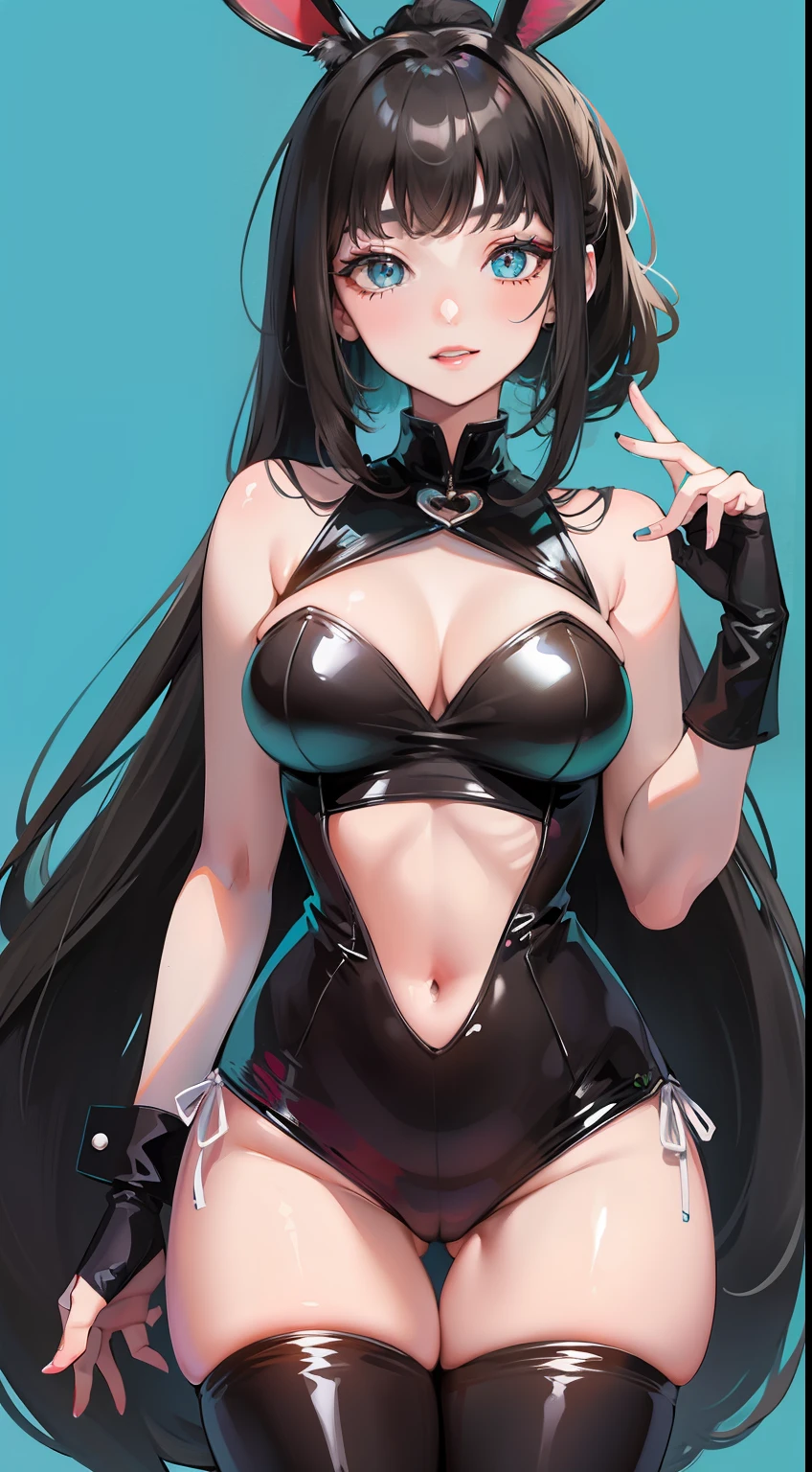 Adult woman, Long black hair, high ponytail, bunny ears, turquoise eyes, black skintight clothes, ssmile, Masterpiece, hiquality