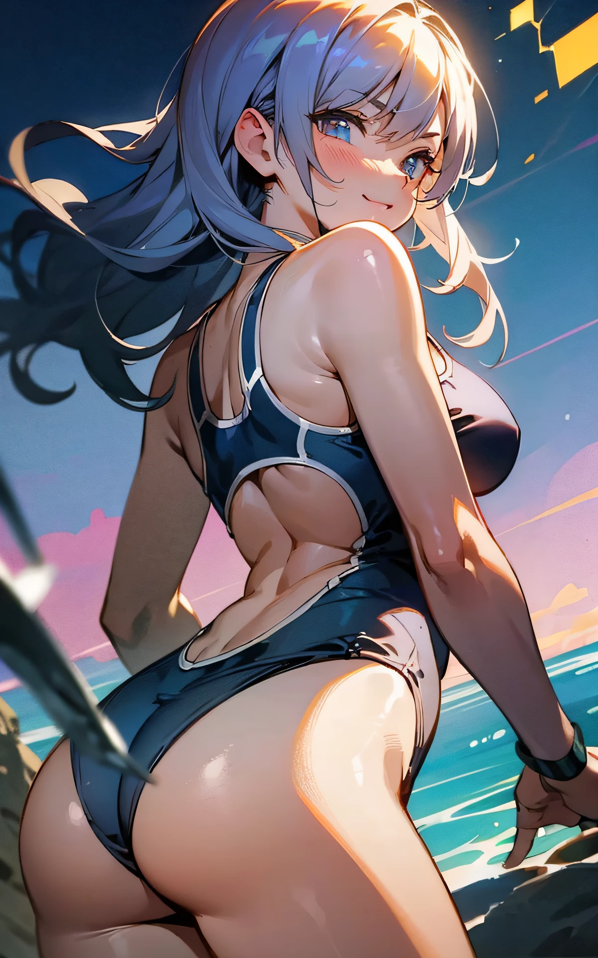 (Unity 16K Wallpaper, Masterpiece, Best Quality, Ultra-Detailed, Extremely Detailed CG, Caustics, Cinematic Lighting, Detailed, Beautiful Detailed Eyes, solo, vivid image quality, brighten the subject, beach),Ultra High Resolution, fine skin、sexy, (curby), nsfw,(school swimsuit:1.3), small breasts, smile, cowboy shot, fold arms, angry,stick out ass, back shot、straddle