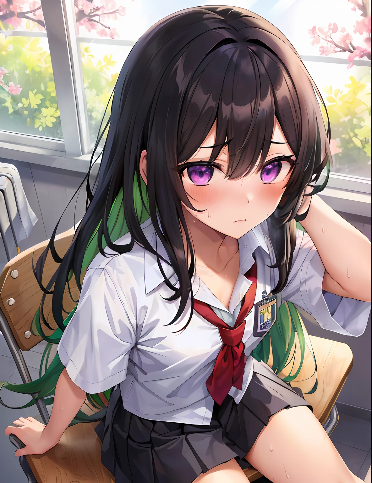modelshoot style, (masterpiece:1.3), (absurdres:1.3), (best quality:1.3), (8K), (large masterpiece digital art), (detailed manga illustration), (handled hair), perfect ???????, (intricate details:1.3), (ultra-detailed:1.3), (illustration:1.3), (sharp focus:1.3), (vivid colors:1.3), 1girl, solo, (long hair:1), hair between eyes, multicolored hair, (two-tone hair, green hair, black hair), purple eyes, floating hair, leaning back, (sweat, sweatdrops), miniskirt, partially unbuttoned, sitting, from above, (shy, embarassed, blush), (classroom, school desk, school chair, window)