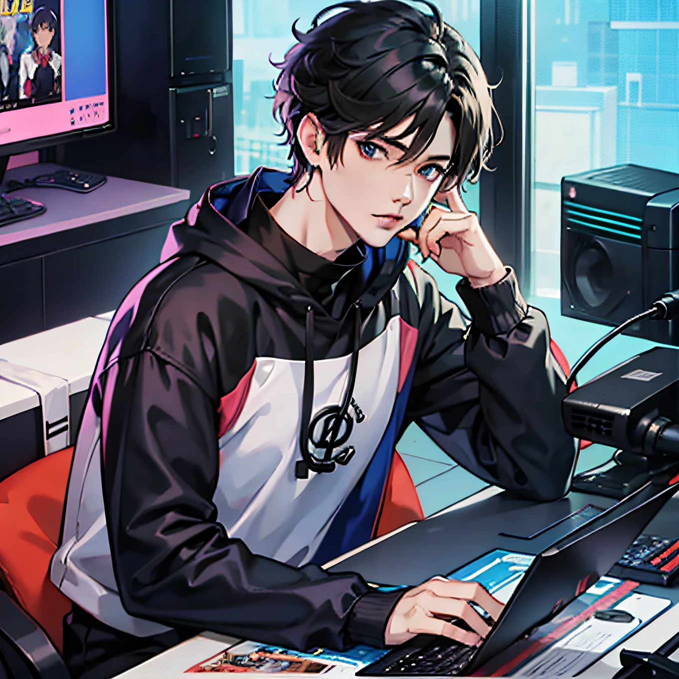 Anime boy calls to talk, ig studios anime style, nightcore, style of anime4 K, High quality anime art style, Anime boy, young anime man, Anime art style, Digital anime illustration, Anime style. 8K, in an anime style, male anime character, Kawasi，best qualtiy：1.0），（超高分辨率：1.0），Anime boys，with short black hair，blue color eyes，sitting in front of the computer，Speak into the microphone，The background is in the esports room，Earphone，The head is close to the microphone,8K