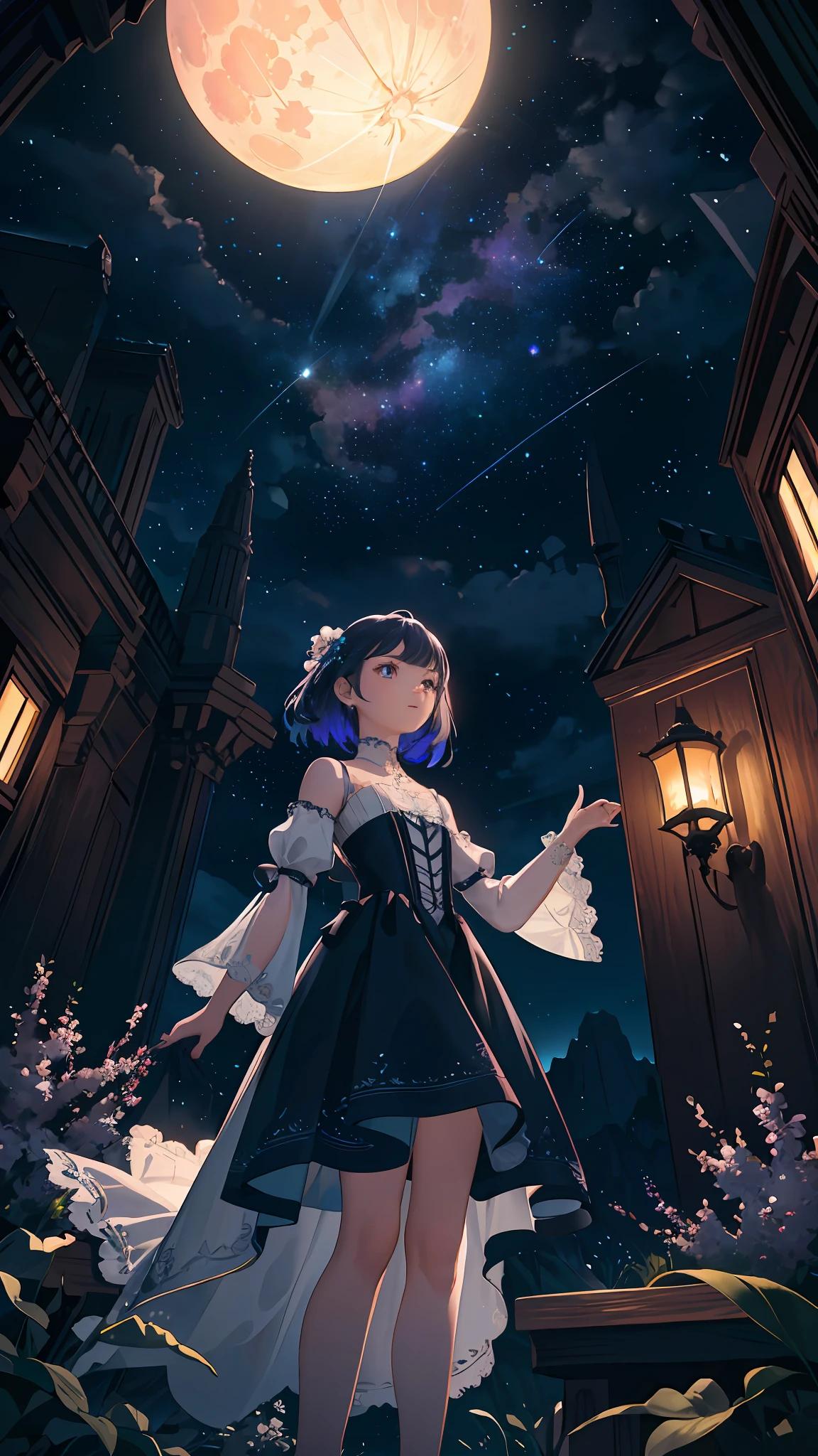 Expansive landscape photograph, (view from below with a view of the sky and wilderness below), little girl standing in a flower field looking up, (full moon: 1.2), (shooting star: 0.9), (nebula: 1.3), distant mountain, tree break production art, (warm light source: 1.2), (firefly: 1.2), lamp, purple and orange, intricate detail, volume lighting, realism break (masterpiece: 1.2) (Best Quality), 4K, Ultra-Detailed, (Dynamic Configuration: 1.4), Highly Detailed and Colorful Details, (Iridescent Colors: 1.2), (Glowing Lighting, Atmospheric Lighting), Dreamy, Magical, (Solo: 1.2)