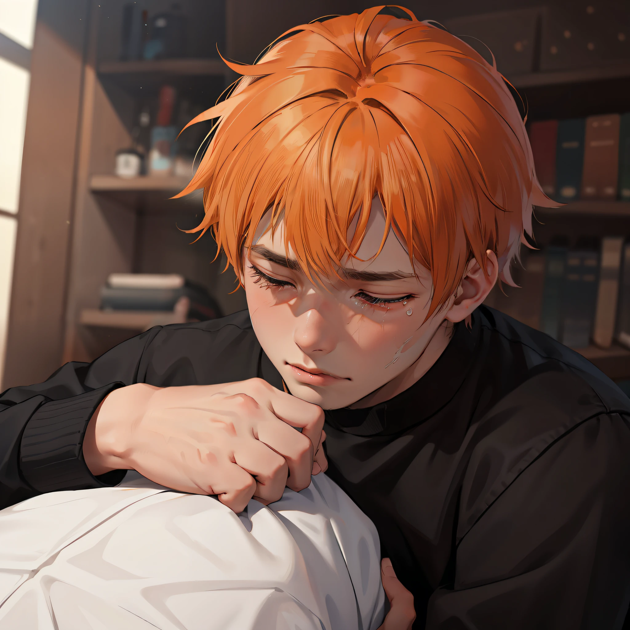 Orange-haired -yeld cr with sadness because his friend has died