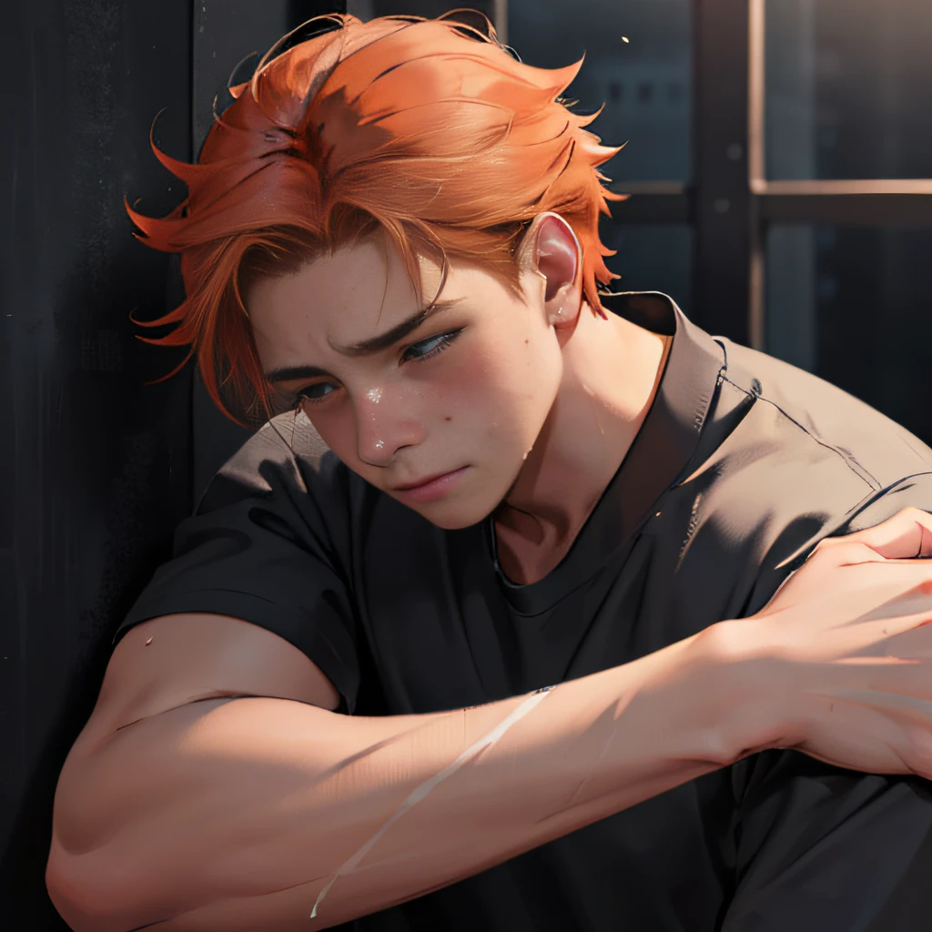 Orange-haired 15-year-old cries with sadness because his friend has died