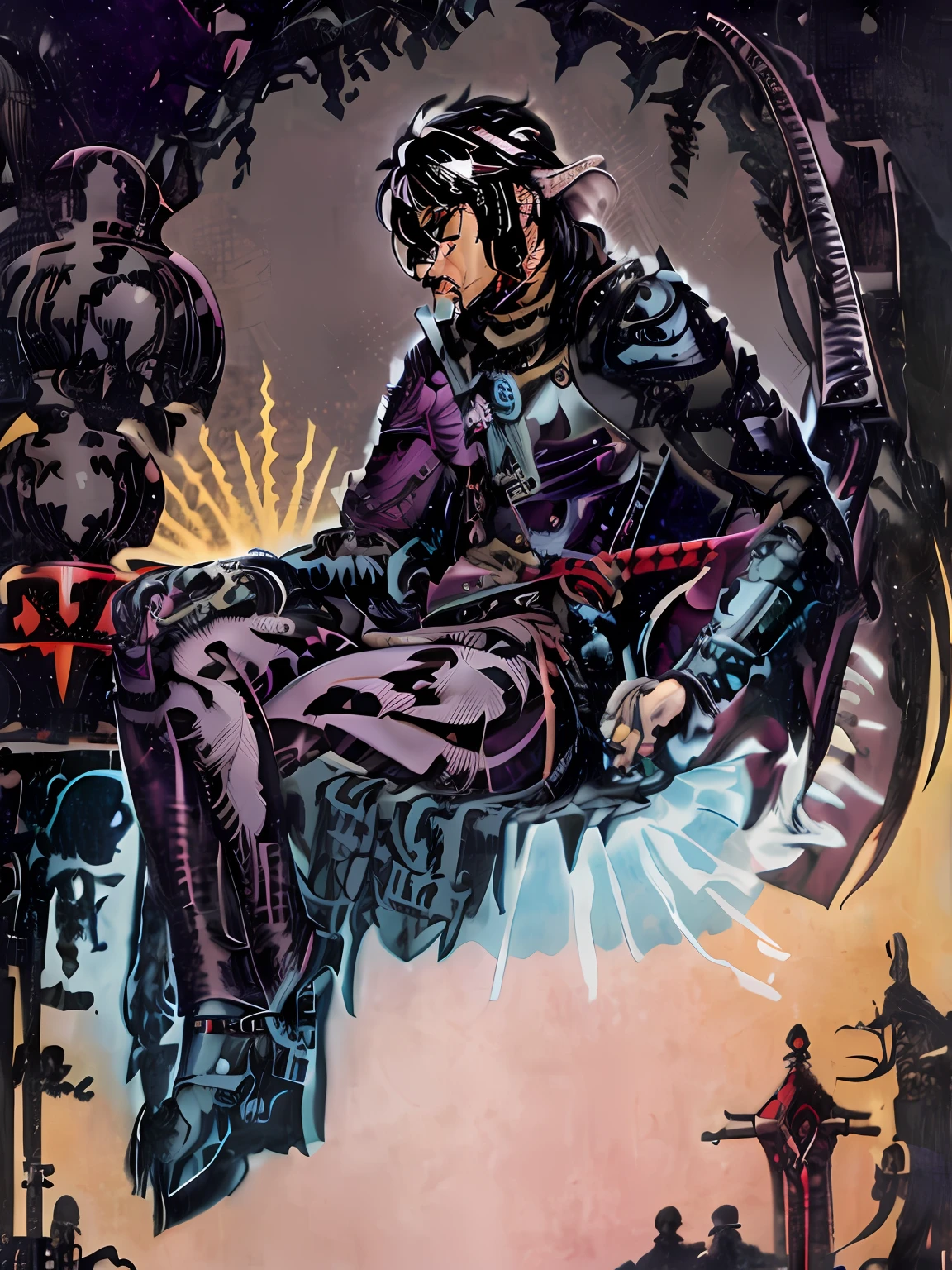a close up of a person sitting on a chair with a sword, inspired by Masamune Shirow, inspired by katsuya terada, shirow masamune, inspired by Philippe Druillet, from pathfinder, by shirow masamune, inspired by Ian Miller, bastien yoshitaka amano, full color illustration